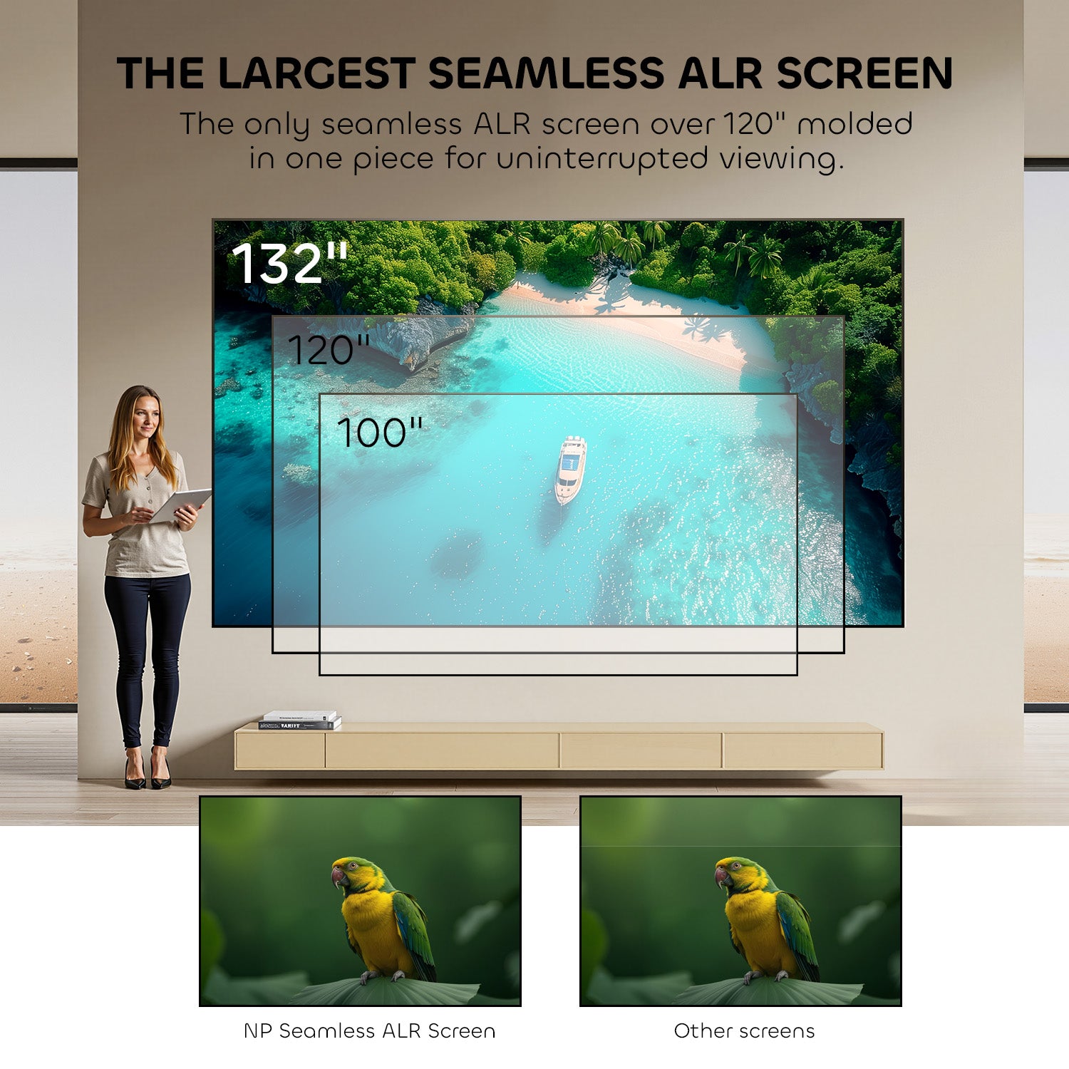 132-inch seamless ALR fixed frame projection screen for ultra short throw projectors with ambient light rejection technology in bright environments