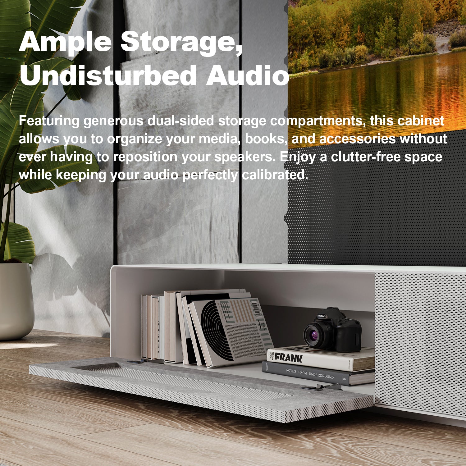 Shore Rolatv White UST Projector Cabinet Bundle Dual Sided Storage Undisturbed Audio