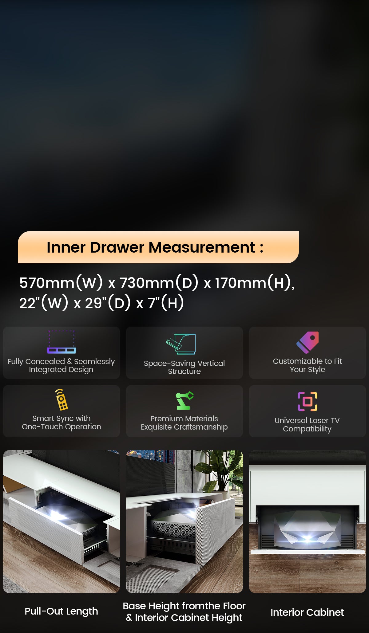 The Shore Laser TV Cabinet features an integrated design with premium materials, supporting a large projection screen size.