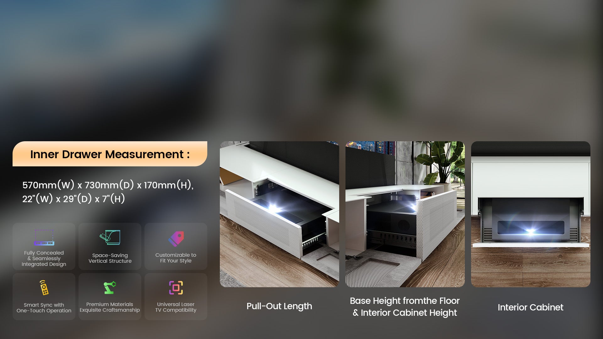 The Shore Laser TV Cabinet features an integrated design with premium materials, supporting a large projection screen size.