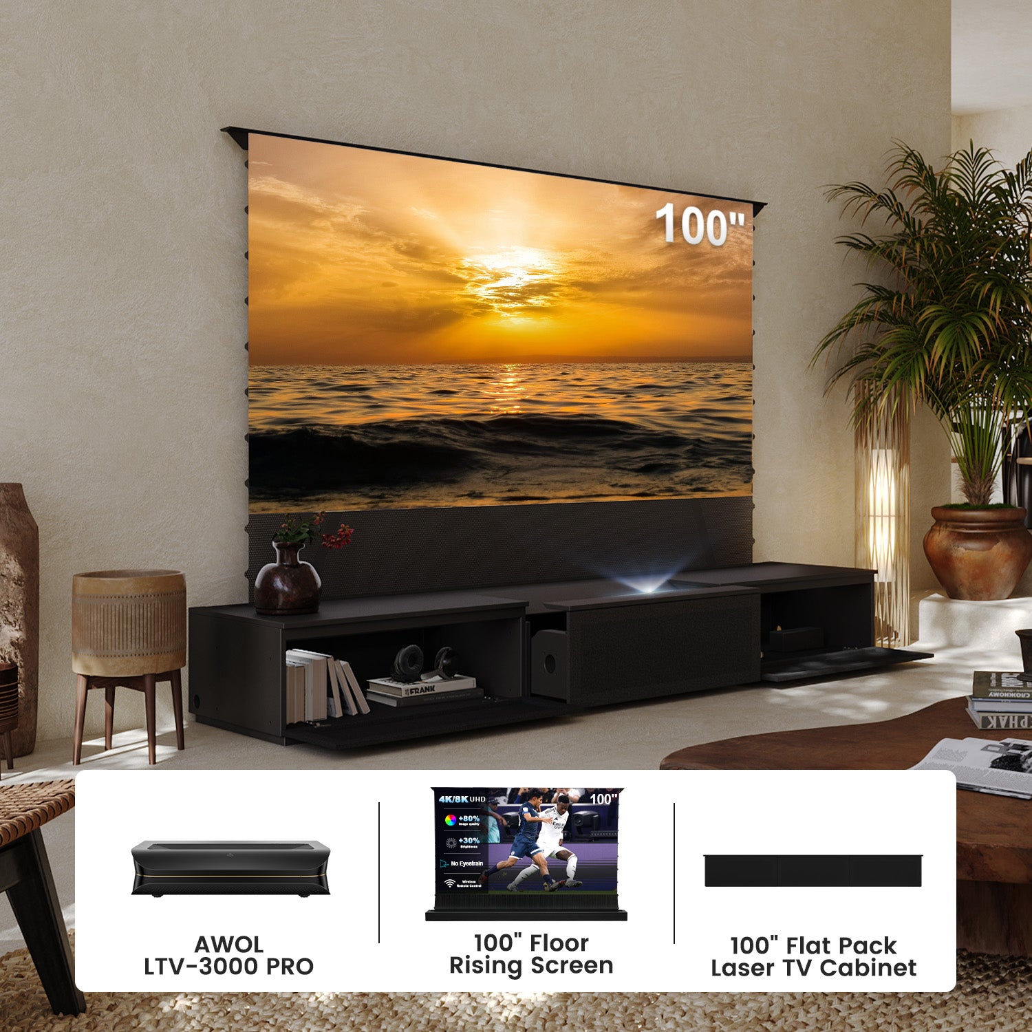 (Bundle) Awol Vision Ltv-3000/3500 Pro + motorizzato ALR Schermata + laser TV Mobiletto