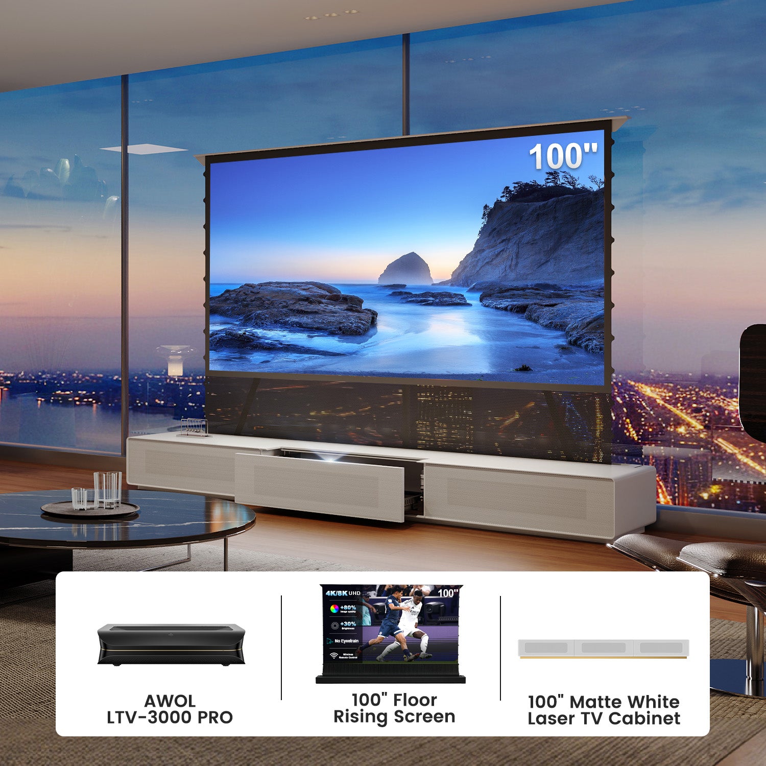 (Bundle) Awol Vision Ltv-3000/3500 Pro + motorizzato ALR Schermata + laser TV Mobiletto