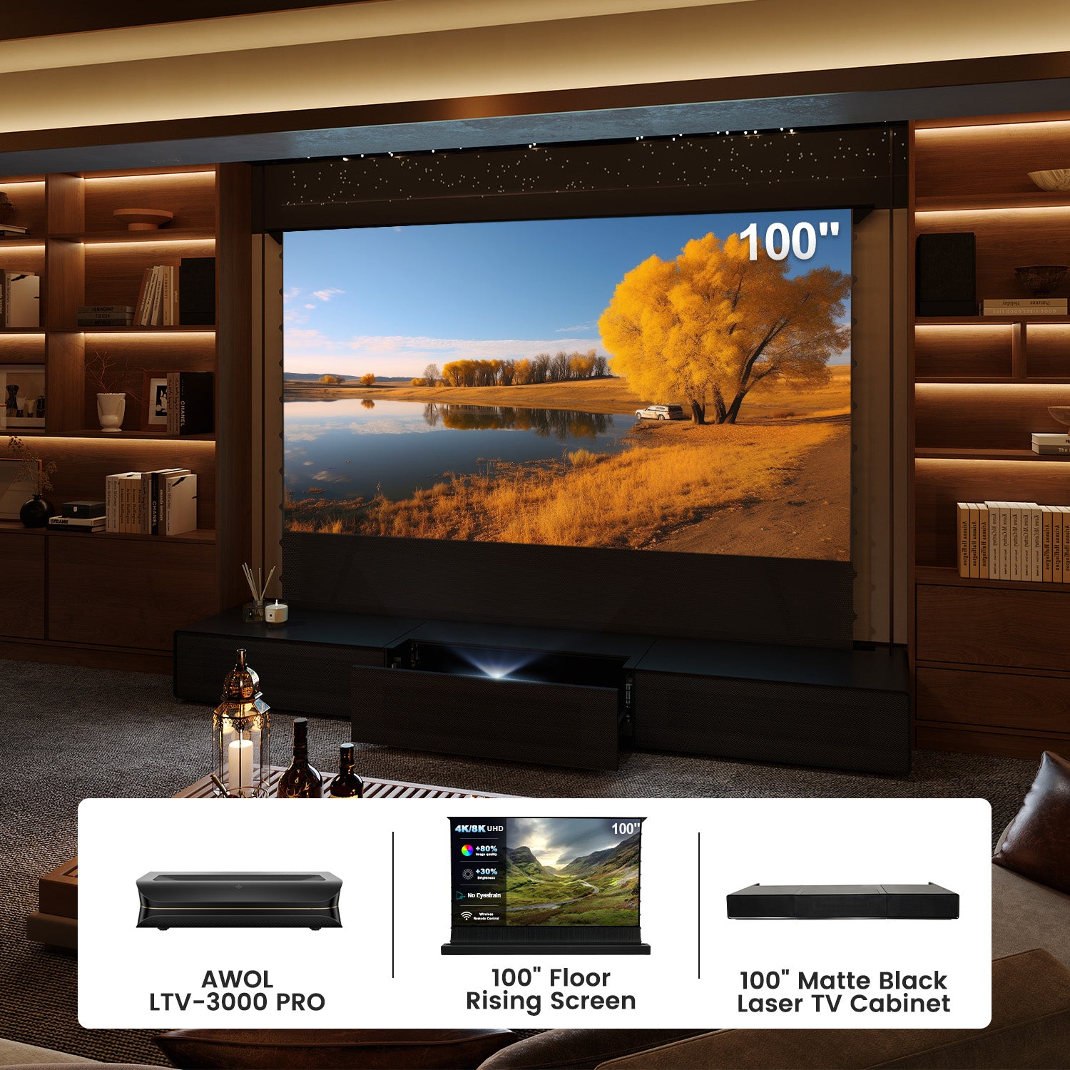 (Bundle) AWOL VISION LTV-3000/3500 PRO + Black Series Motorized ALR Screen + Laser TV Cabinet