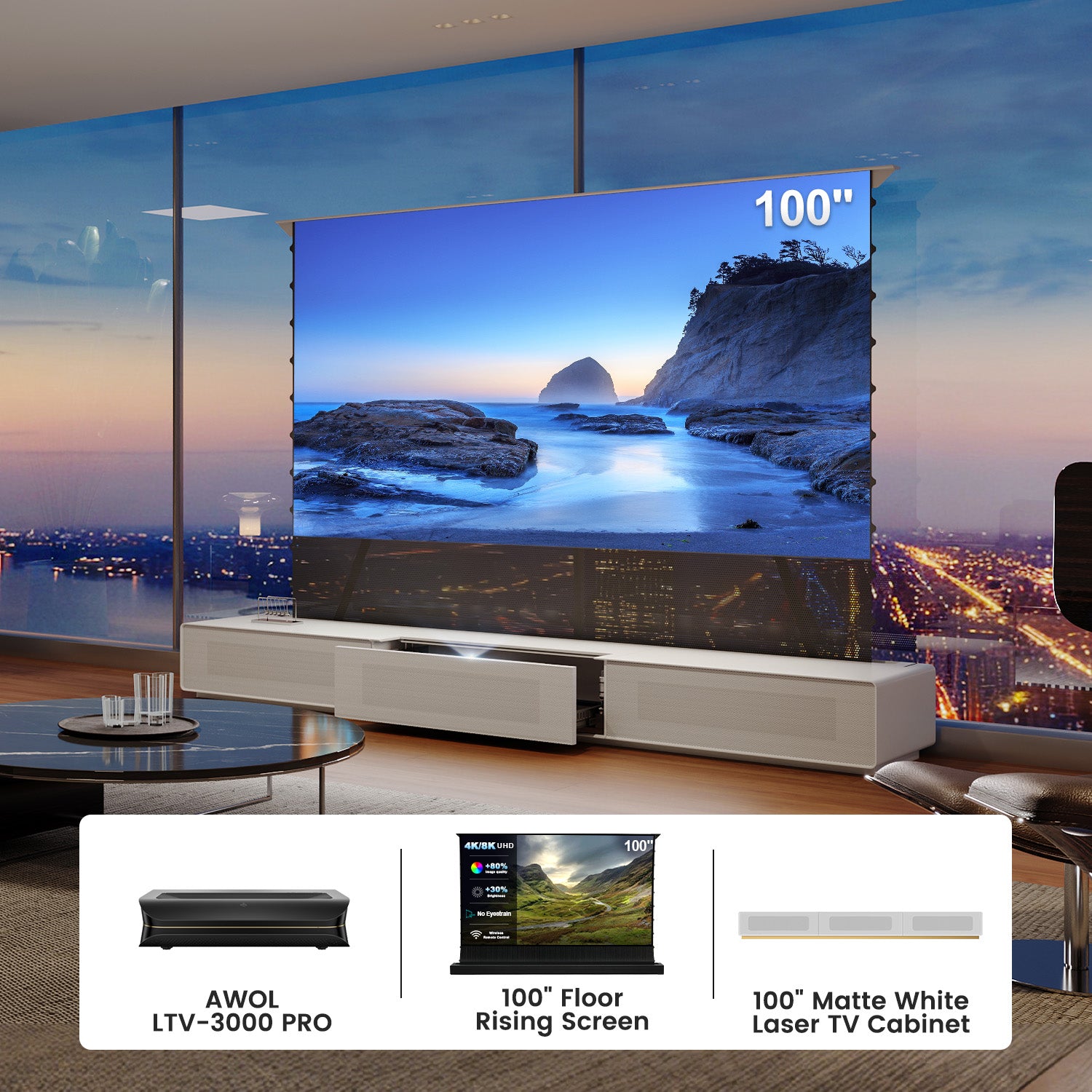 100 Inch Home Theater Bundle: AWOL LTV-3000 PRO UST Projector +Floor Rising Screen+ Matte White Laser TV Cabinet