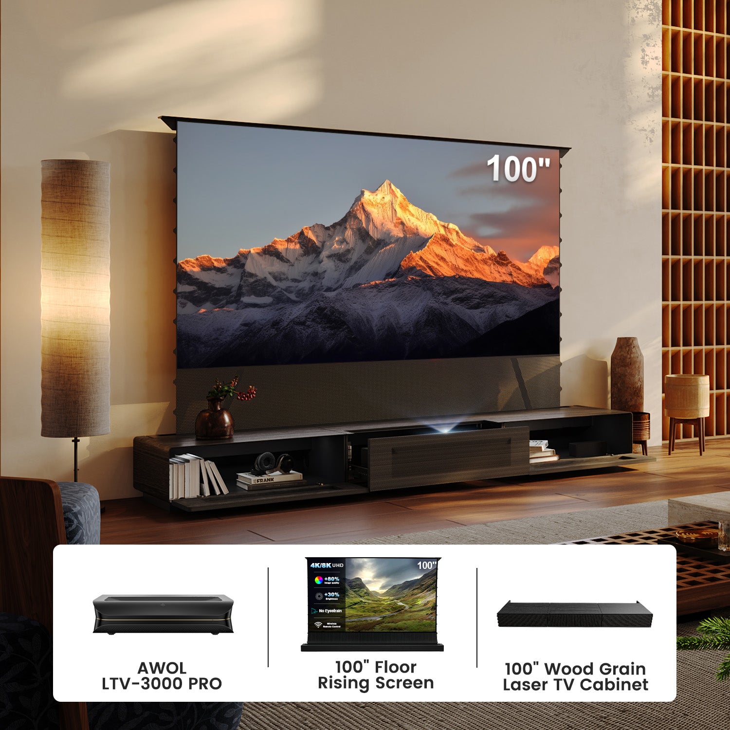 100 Inch Home Theater Bundle: AWOL LTV-3000 PRO UST Projector +Floor Rising Screen+ Wood Grain Laser TV Cabinet