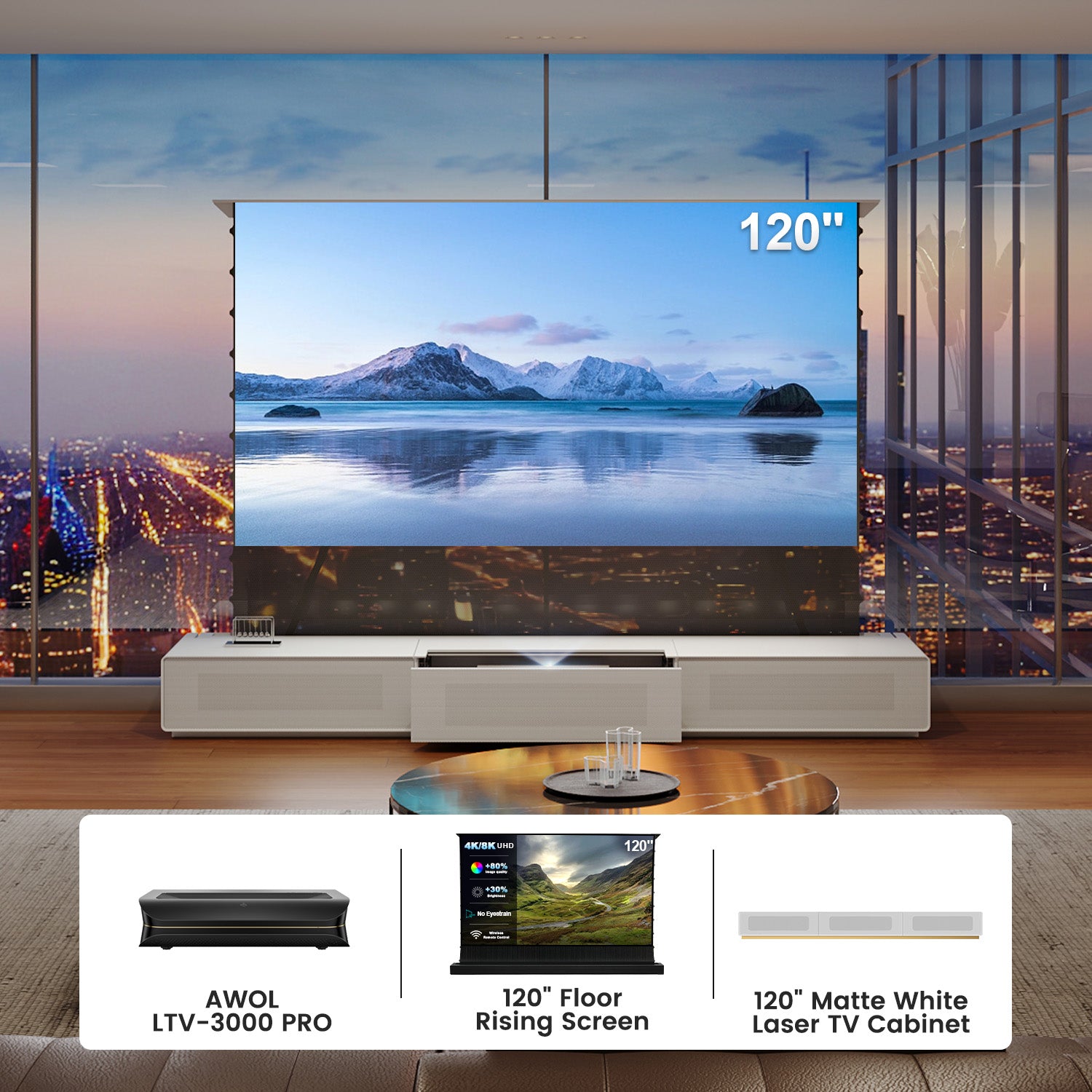 120 Inch Home Theater Bundle: AWOL LTV-3000 PRO UST Projector +Floor Rising Screen+ Matte White Laser TV Cabinet