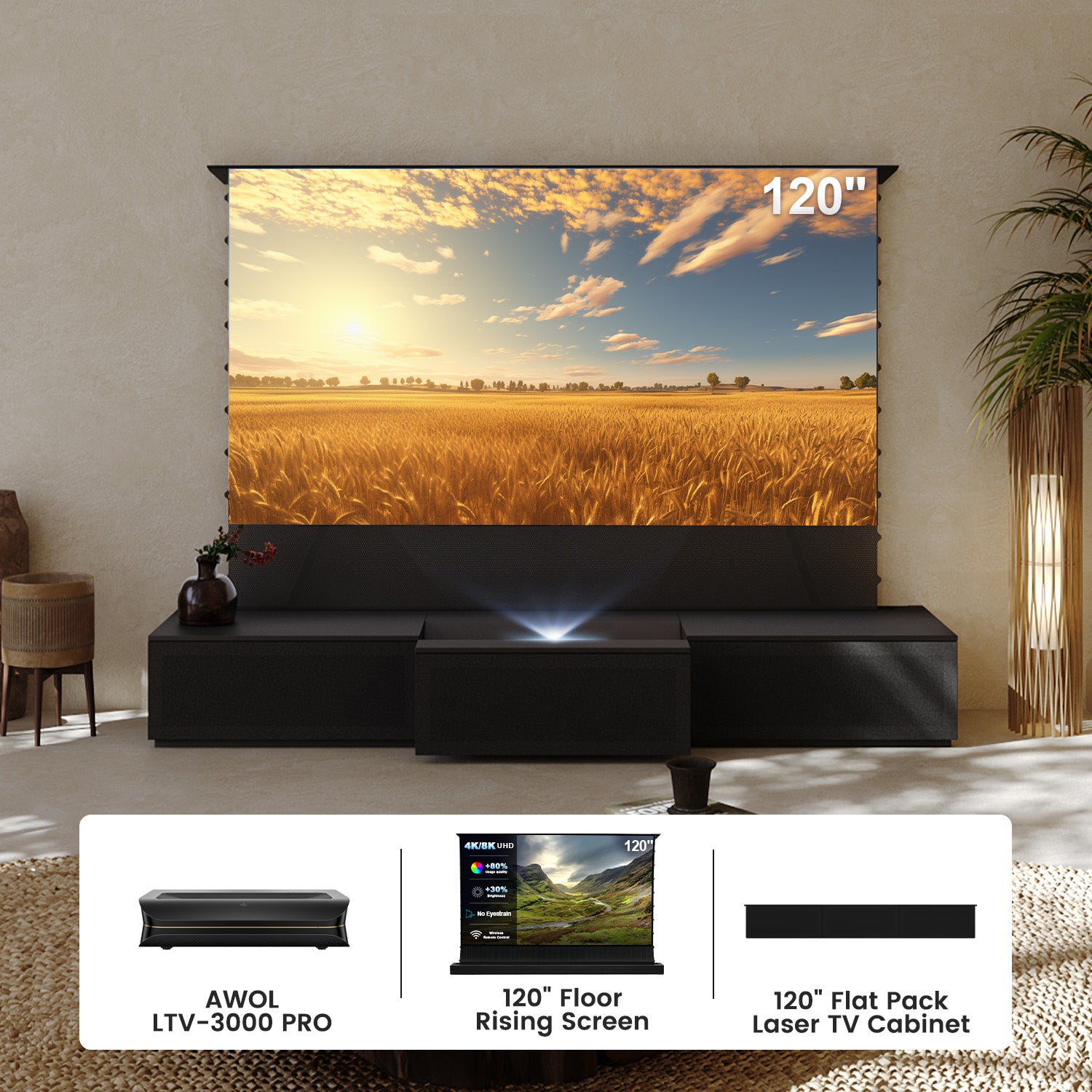 120 Inch Home Theater Bundle: AWOL LTV-3000 PRO UST Projector +Floor Rising Screen+ Flat Pack Laser TV Cabinet