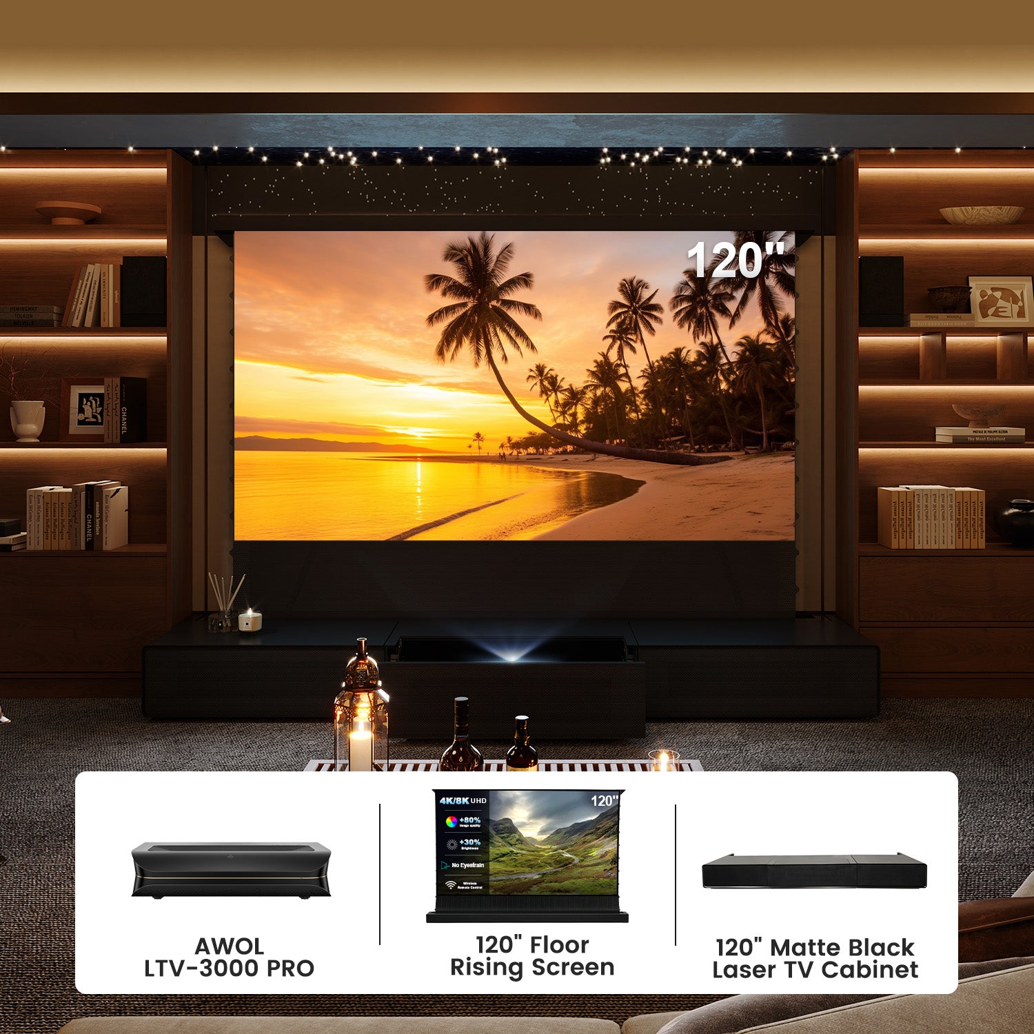 120 Inch Home Theater Bundle: AWOL LTV-3000 PRO UST Projector +Floor Rising Screen+ Matte Black Laser TV Cabinet