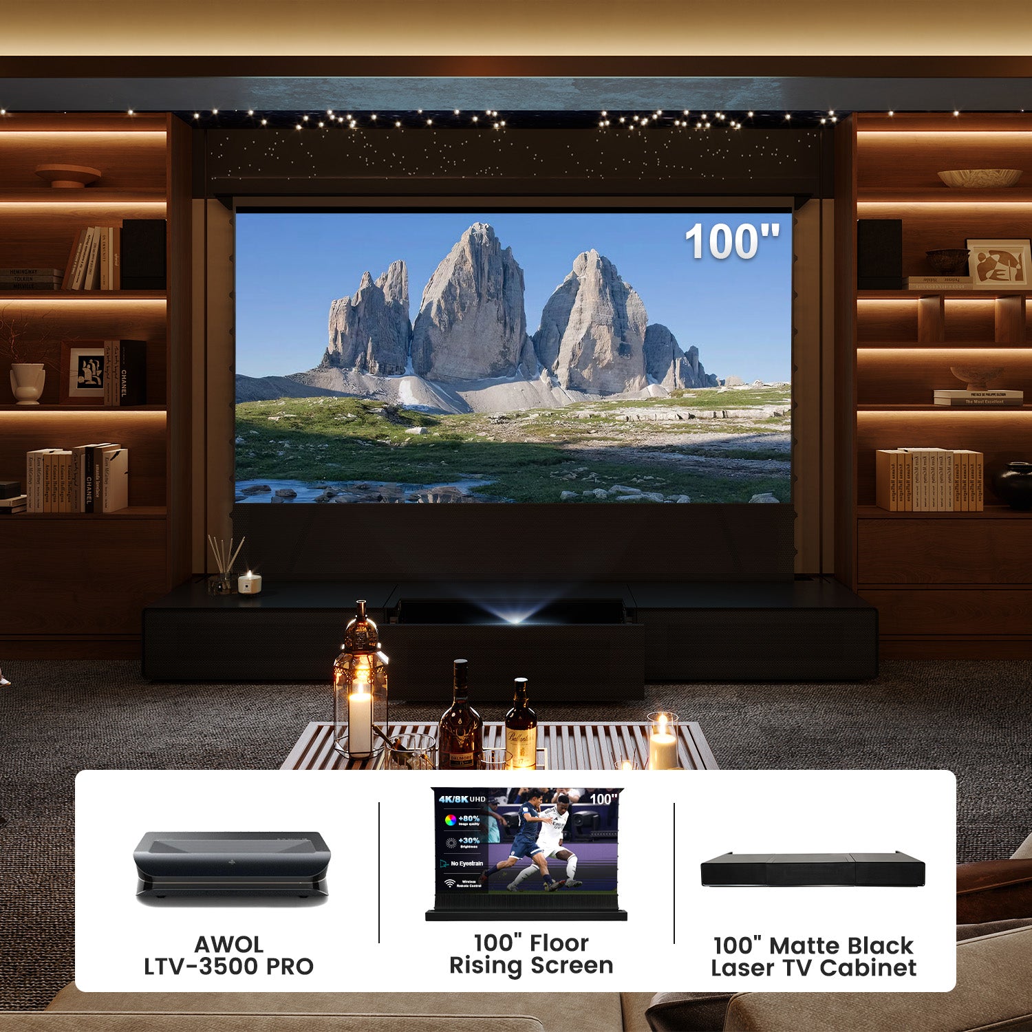 (Bundle) Awol Vision Ltv-3000/3500 Pro + motorizzato ALR Schermata + laser TV Mobiletto
