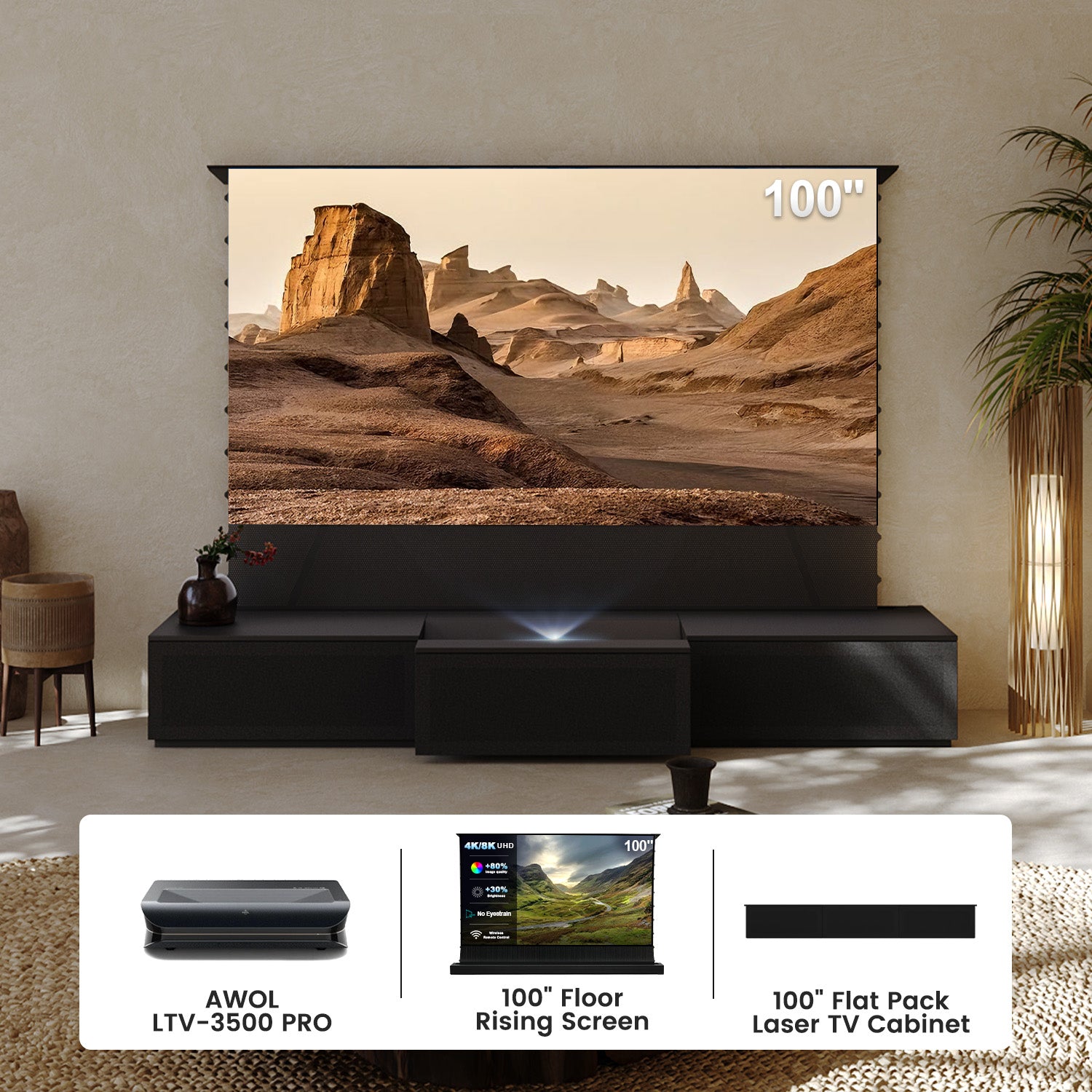 100 Inch Home Theater Bundle: AWOL LTV-3500 PRO UST Projector +Floor Rising Screen+ Flat Pack Laser TV Cabinet