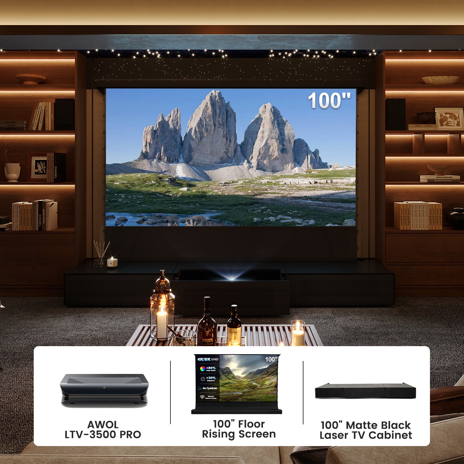100 Inch Home Theater Bundle: AWOL LTV-3500 PRO UST Projector +Floor Rising Screen+ Matte Black Laser TV Cabinet