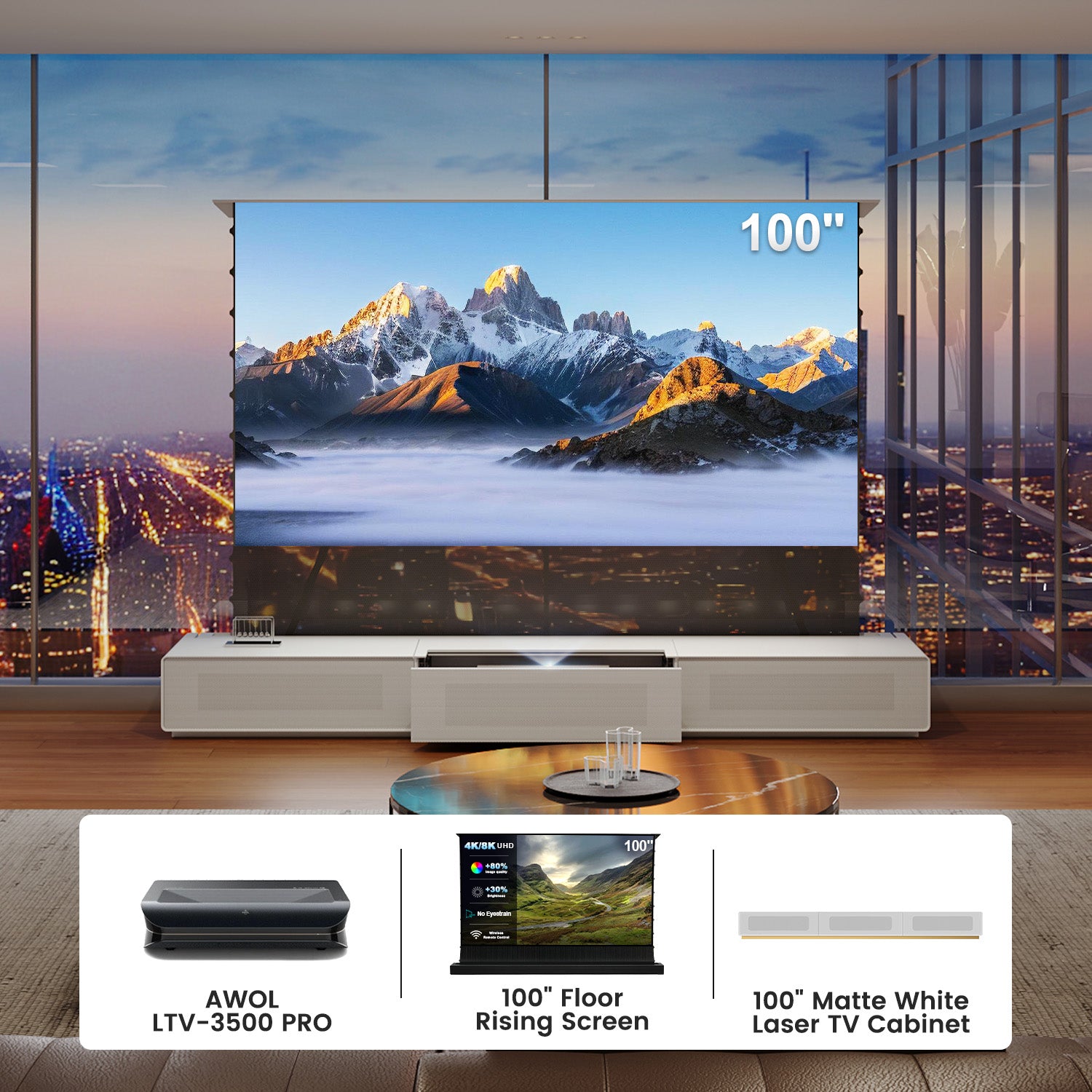100 Inch Home Theater Bundle: AWOL LTV-3500 PRO UST Projector +Floor Rising Screen+ Matte White Laser TV Cabinet