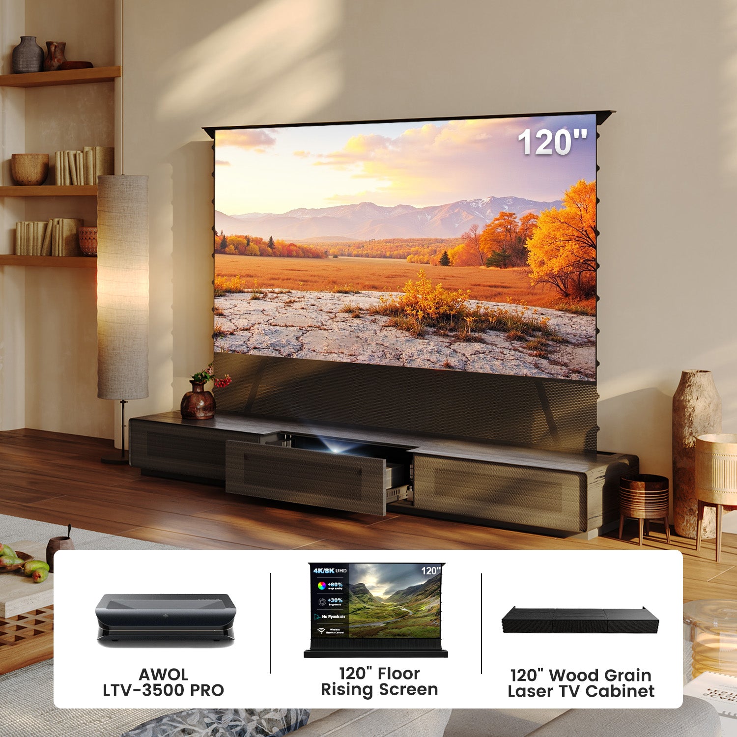 120 Inch Home Theater Bundle: AWOL LTV-3500 PRO UST Projector +Floor Rising Screen+ Wood Grain Laser TV Cabinet