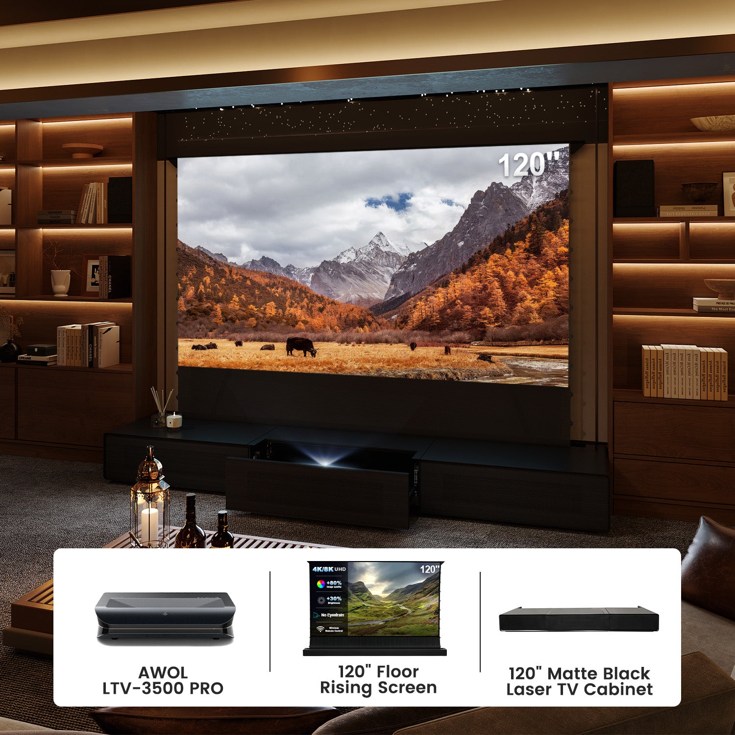 120 Inch Home Theater Bundle: AWOL LTV-3500 PRO UST Projector +Floor Rising Screen+ Matte Black Laser TV Cabinet