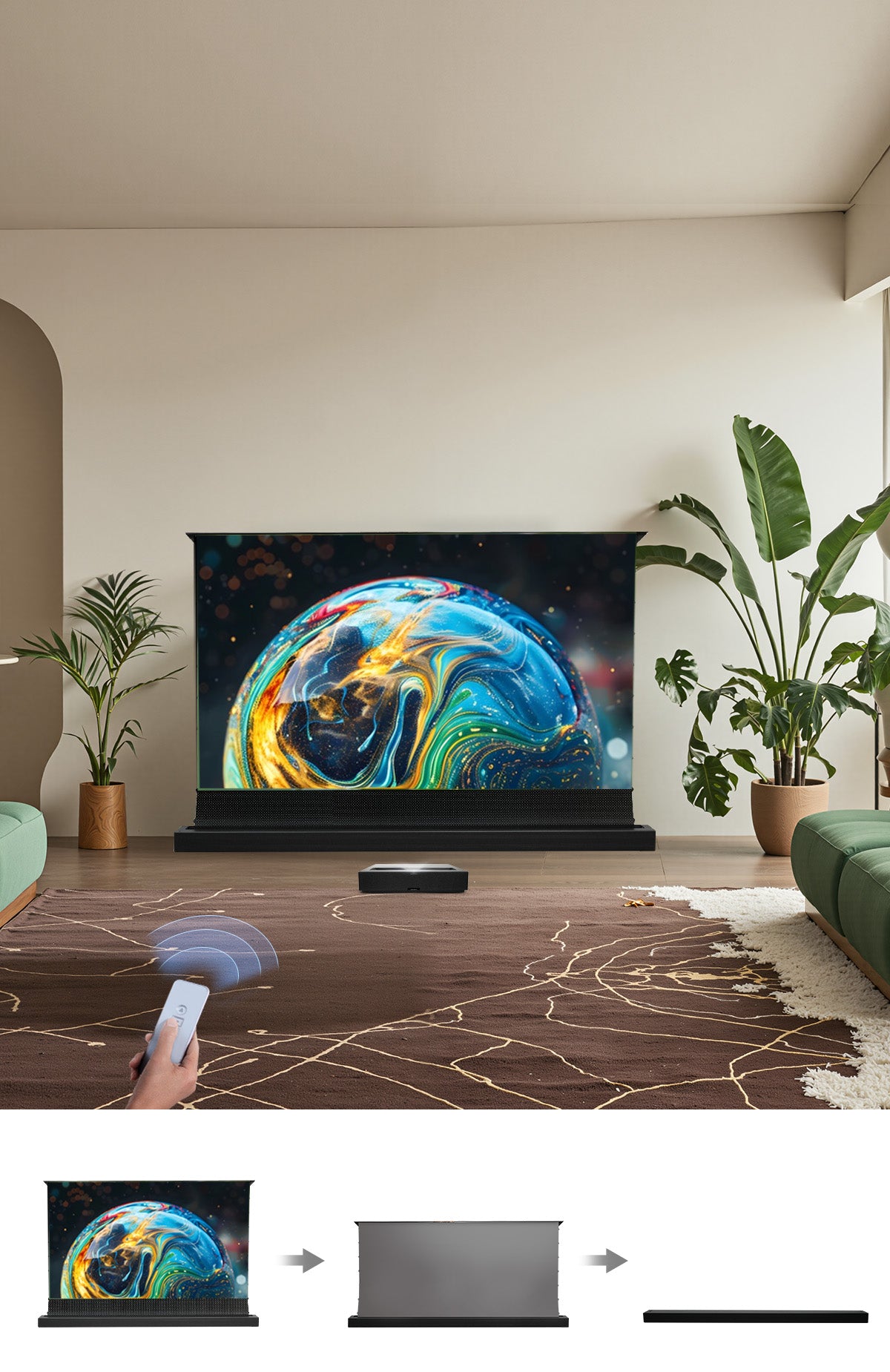 NP Black Series Motorized ALR UST Screen floor-rising design with auto-retracting mechanism for space-efficient home theater transformation
