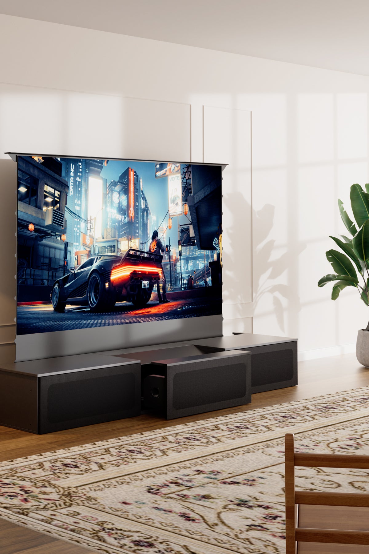 Smart Laser TV Flat Pack Cabinet with Auto-Positioning Motorized Drawer for UST Projectors - Remembers Settings & Self-Calibrates