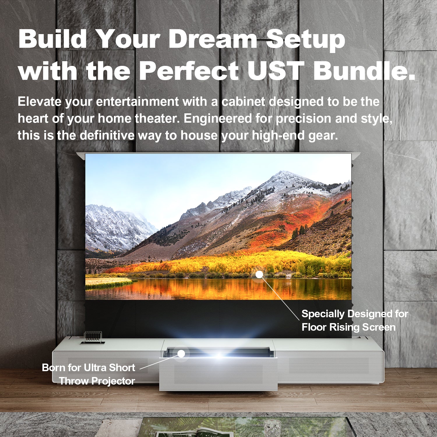 Shore Rolatv White UST Projector Cabinet Elevate Home Entertainment Precision Style Bundle for Floor Rising Screen