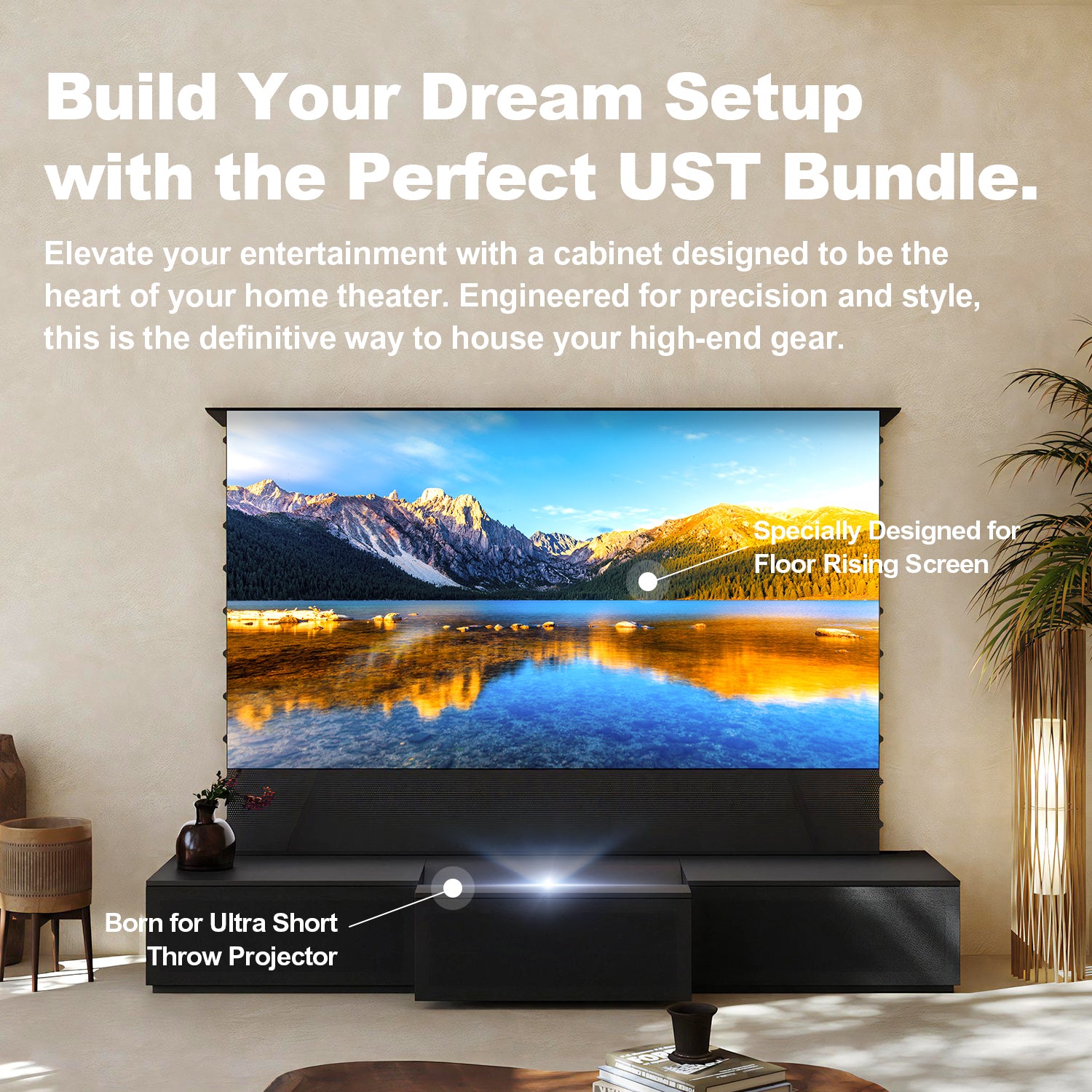 Full home theater setup with Shore Black Motorized Laser TV Cabinet and floor rising screen.