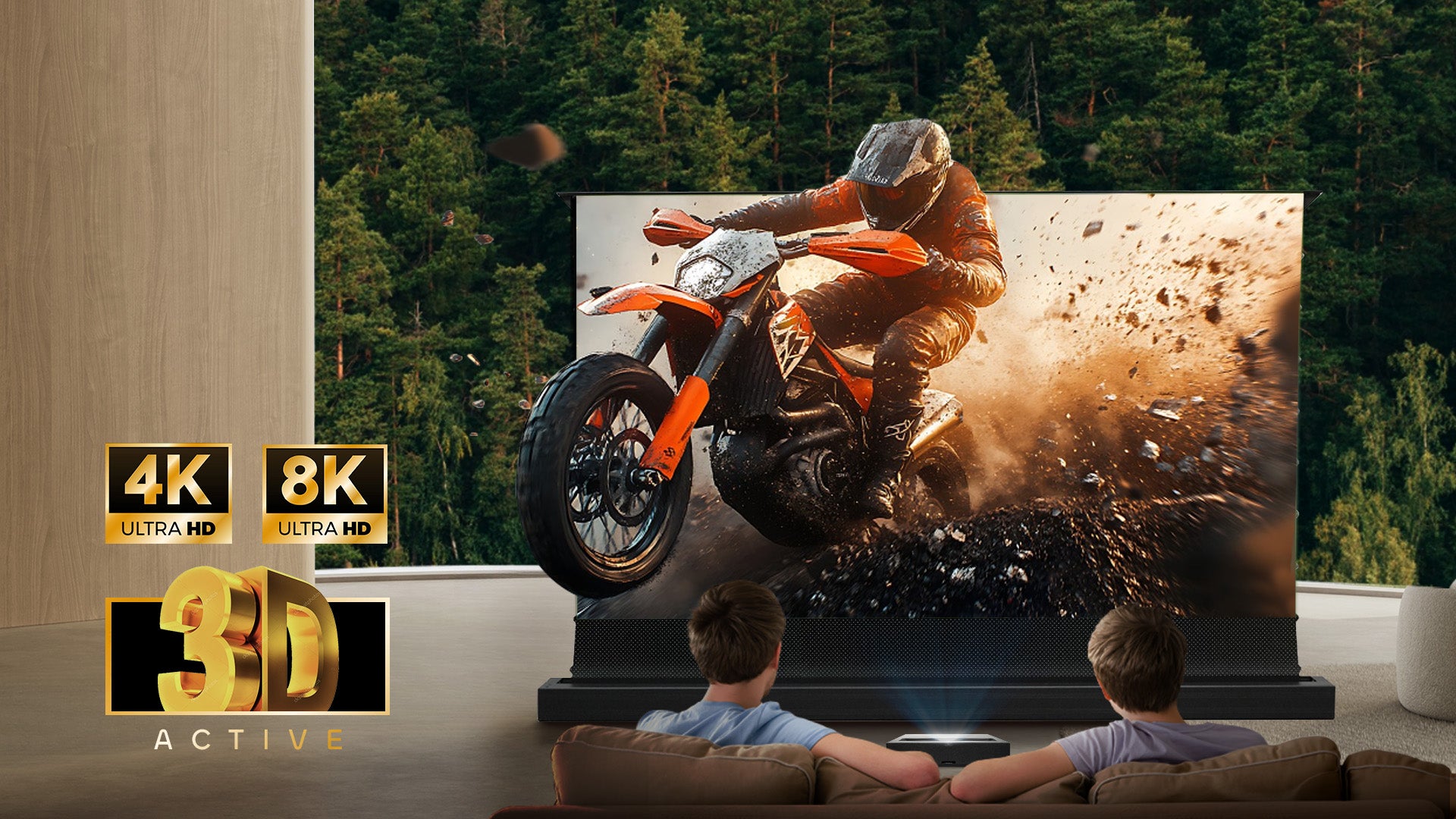 NP Black Series ALR motorized floor rising screen delivering enhanced 3D visuals with minimal crosstalk for immersive movie and gaming experiences