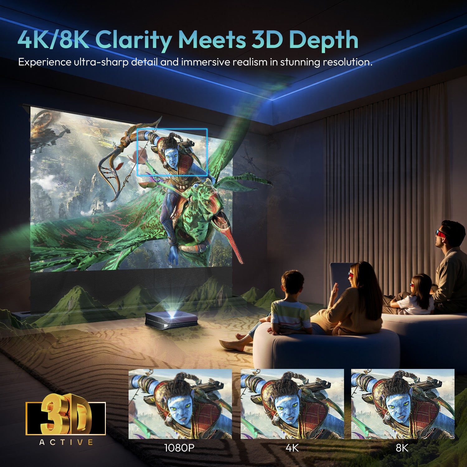 Motorized Floor Rising Ultra-Short-Throw Projection Screen: Delivers 4K/8K Clarity with 3D Depth for Immersive Viewing Experience