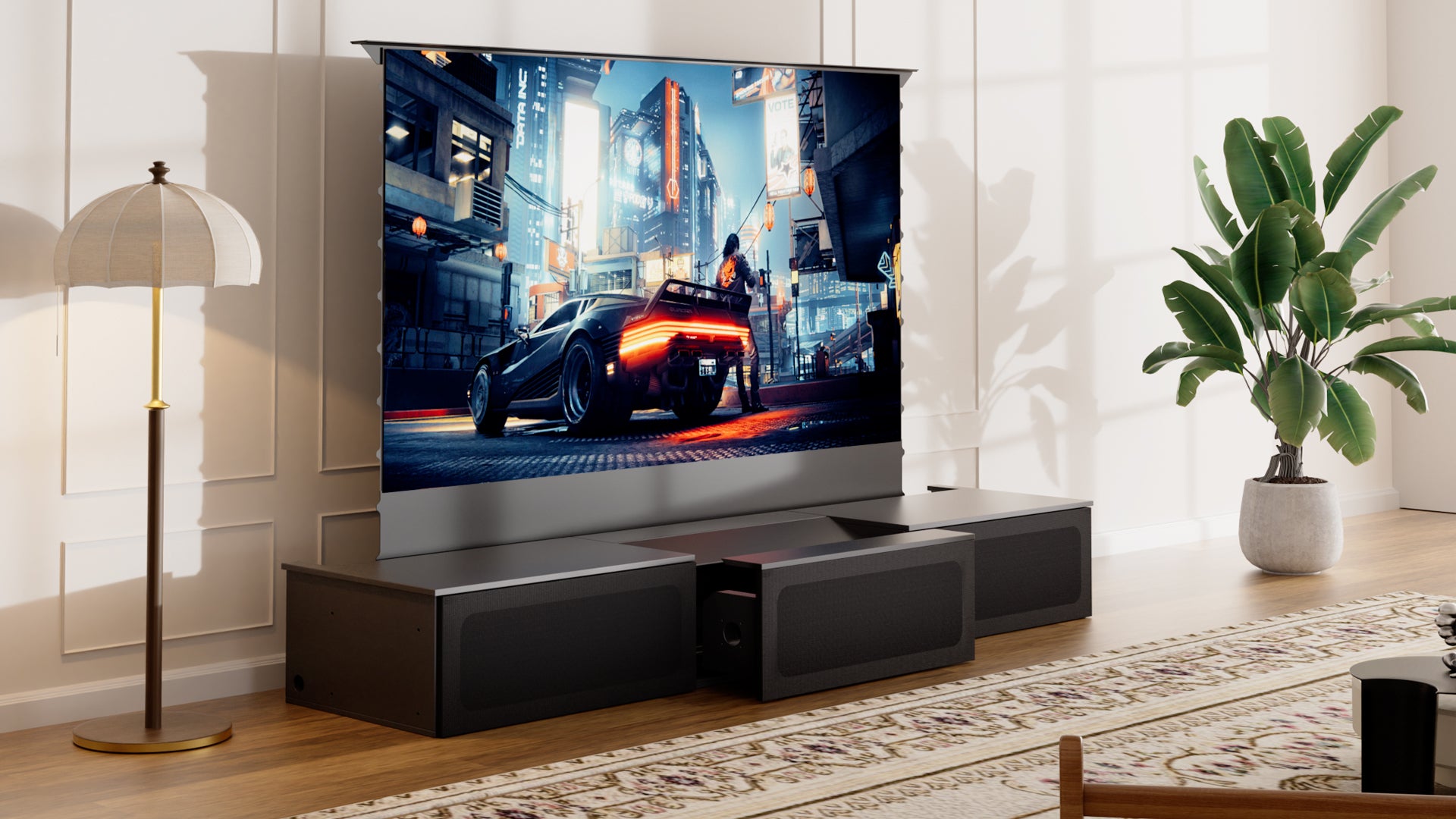 Smart Laser TV Flat Pack Cabinet with Auto-Positioning Motorized Drawer for UST Projectors - Remembers Settings & Self-Calibrates