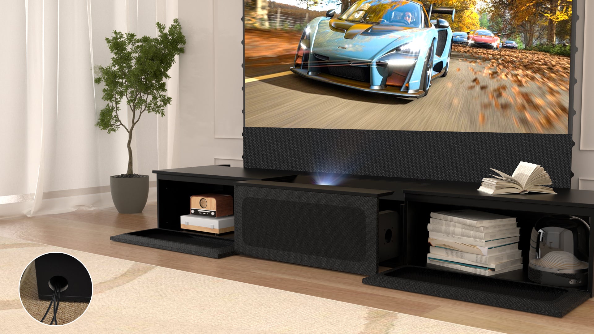 Motorized Laser TV Cabinet with Streamlined Media Storage & Concealed Cable System