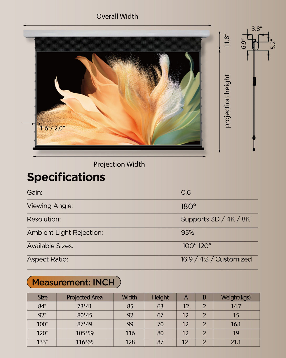 NothingProjector Black Series Slimline Motorized Tension Drop Down ALR Projector Screen