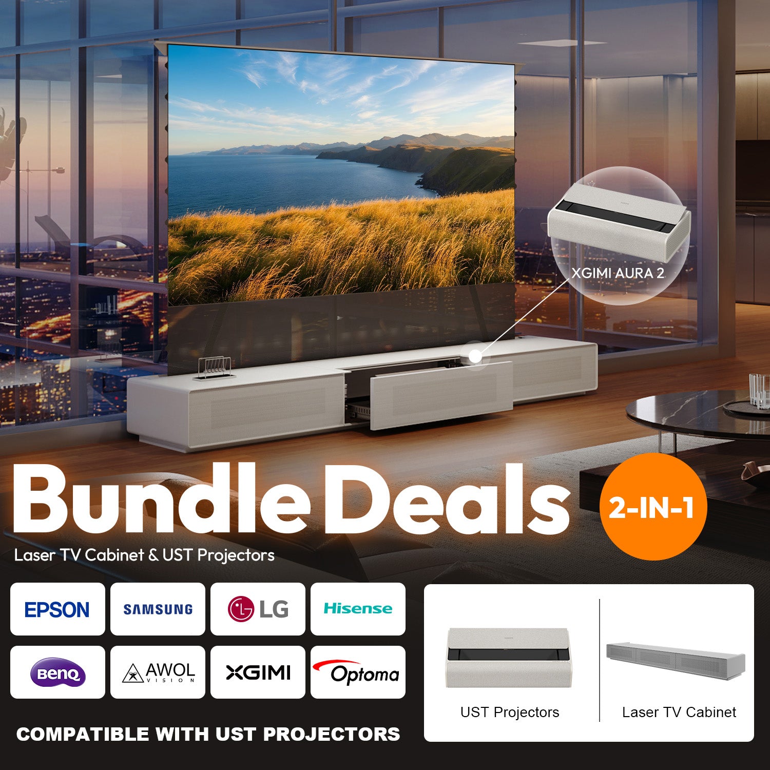 NothingProjector 2-in-1 Bundle Deal Laser TV Cabinet and XGIMI AURA 2 UST Projector Package Compatible with Top Brands