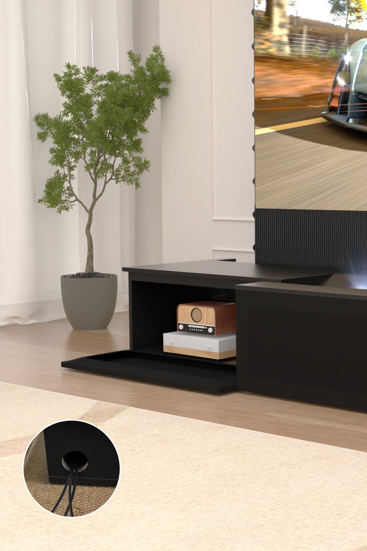 Motorized Laser TV Cabinet with Streamlined Media Storage & Concealed Cable System