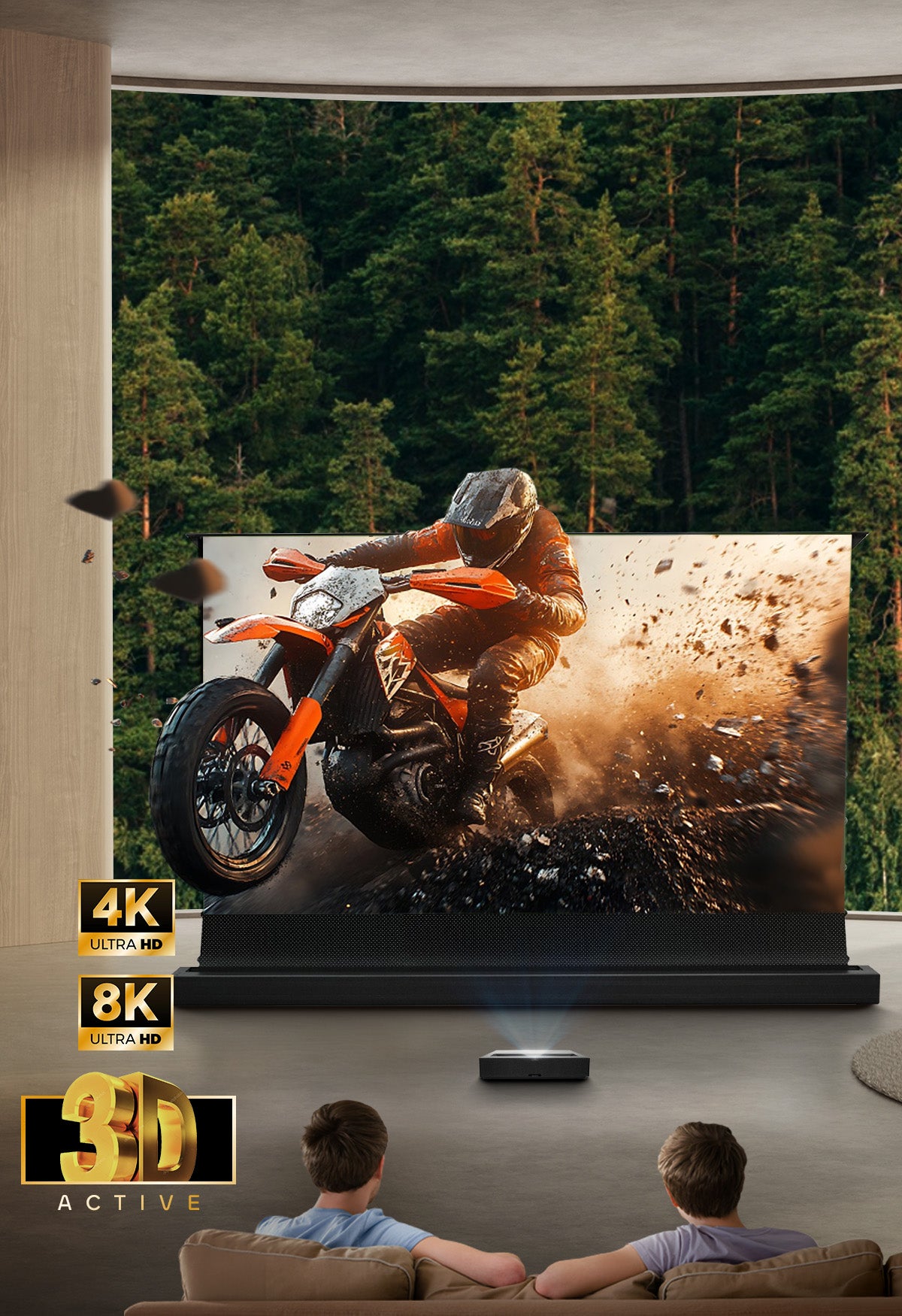 NP Black Series ALR motorized floor rising screen delivering enhanced 3D visuals with minimal crosstalk for immersive movie and gaming experiences