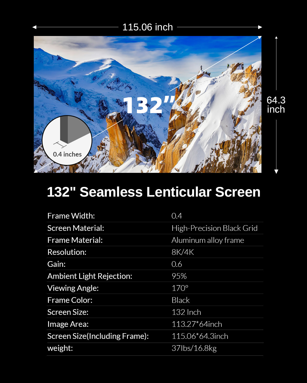 132inch seamless alr screen for ultra short throw size