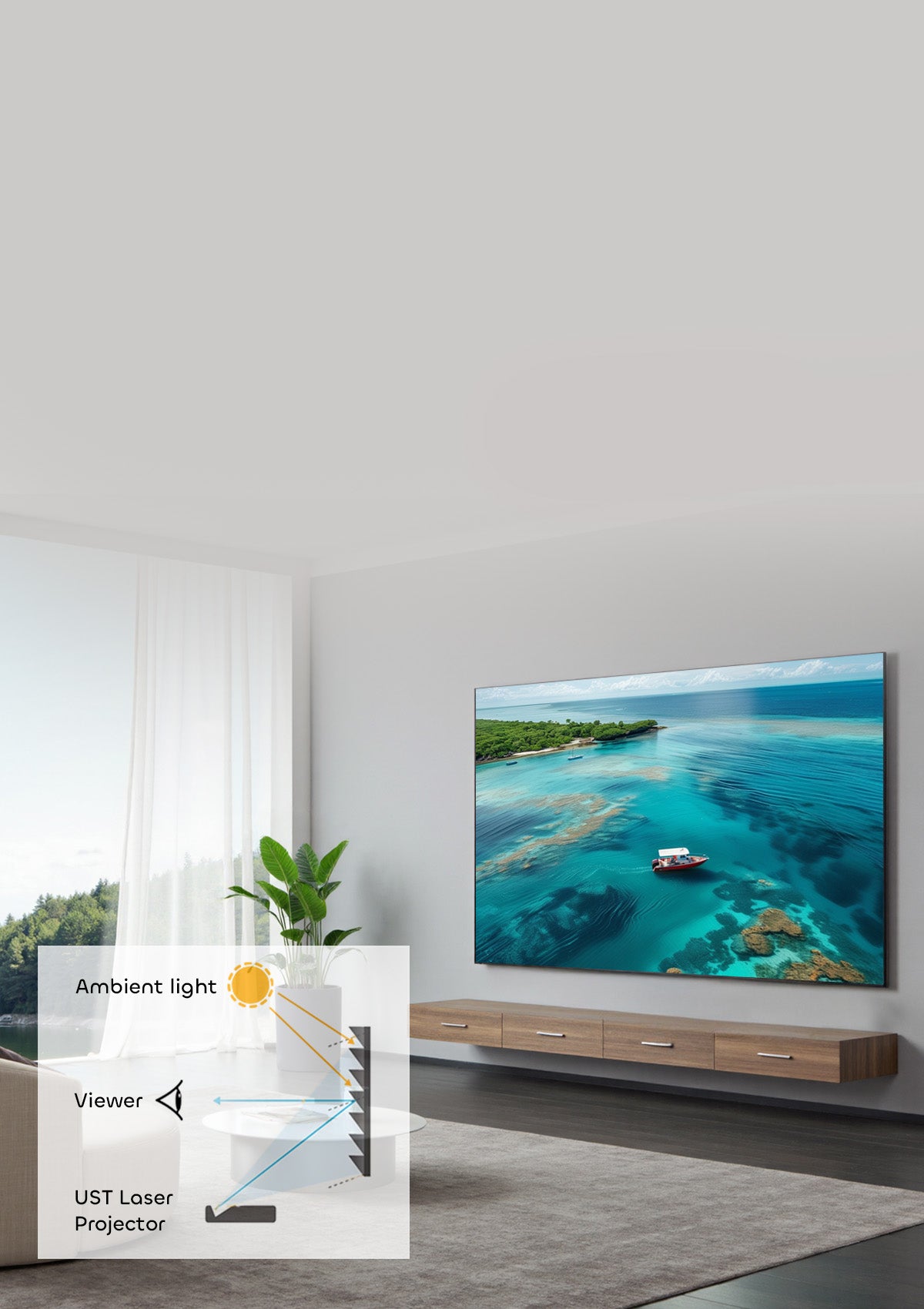 NothingProjector 132-inch UST ALR screen showing serriform microstructure that blocks ambient light to boost contrast and color