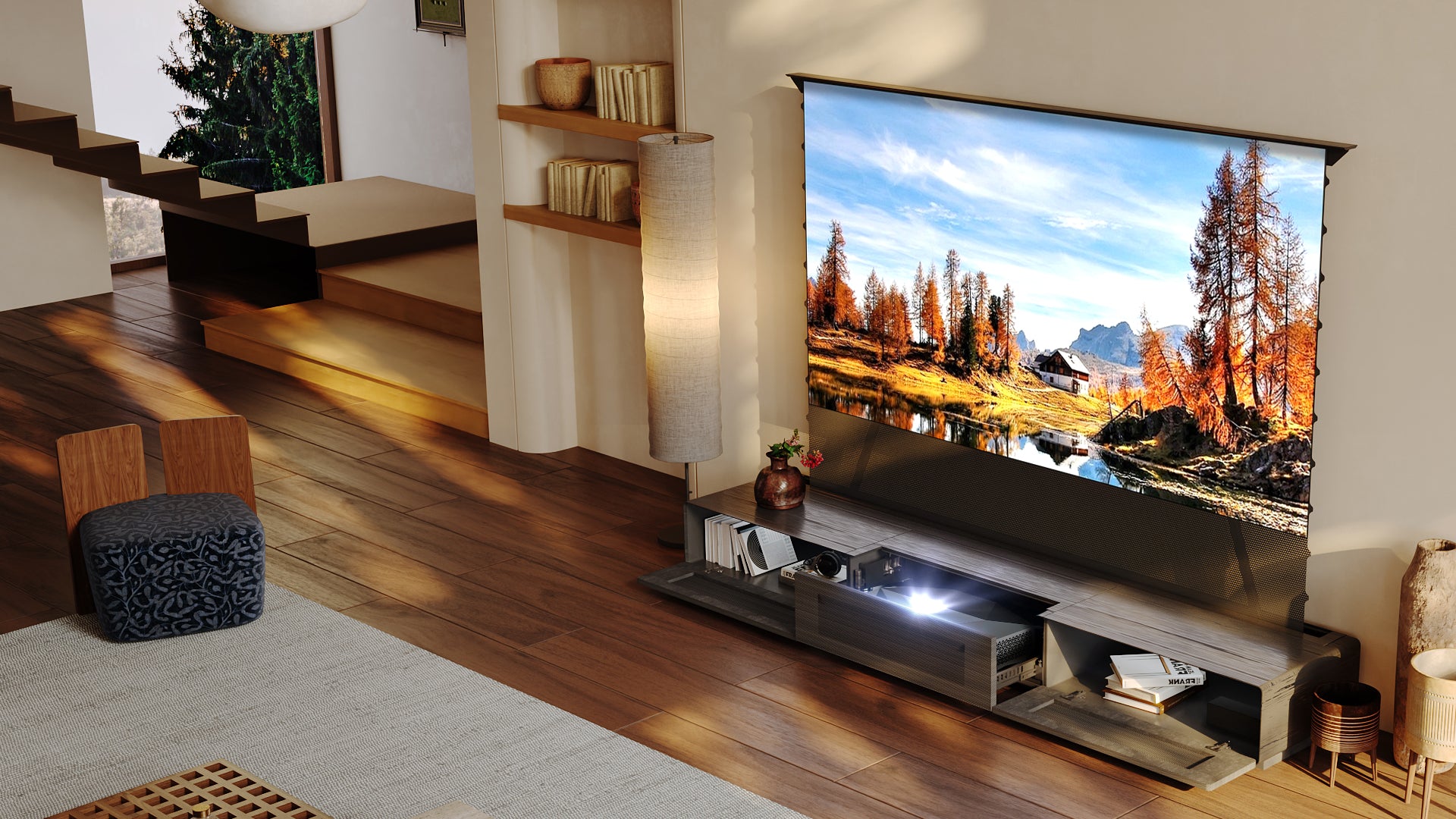 Shore ROLATV Laser TV Cabinet Motorized Drawer Perforated Cover No Assembly Required Heavy Duty 30kg Max Load Capacity