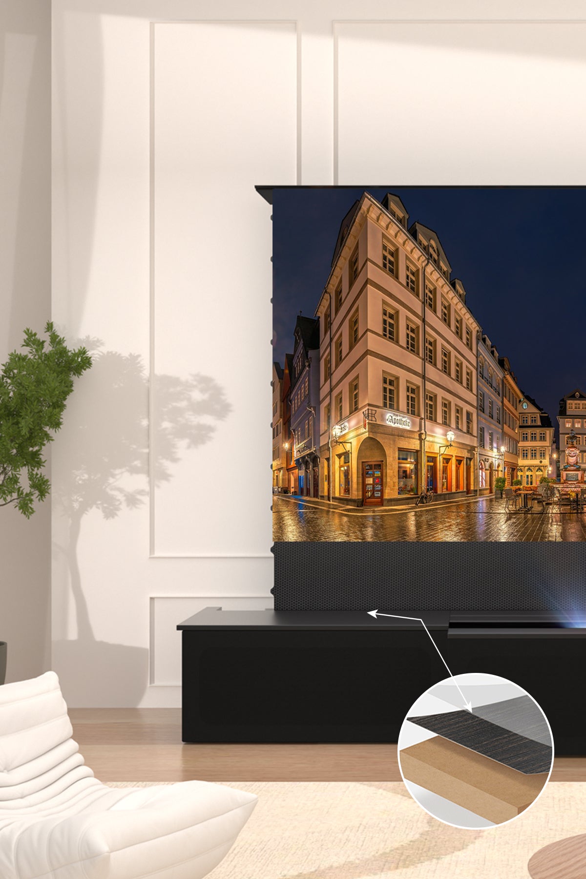 Electric Laser TV cabinet crafted from premium moisture-resistant board with eco-certified durability - safeguarding entertainment systems while maintaining modern home aesthetics