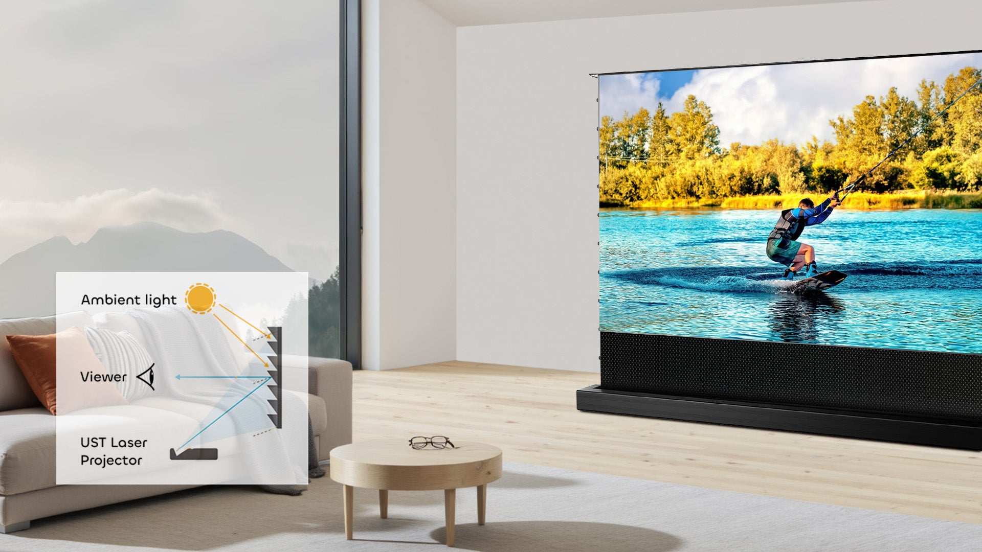 NP Black Series ALR UST projector screen with 95% ambient light rejection using optical serration technology for vivid daylight viewing