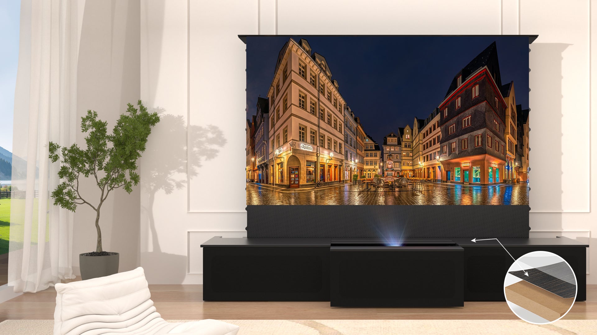 Electric Laser TV cabinet crafted from premium moisture-resistant board with eco-certified durability - safeguarding entertainment systems while maintaining modern home aesthetics