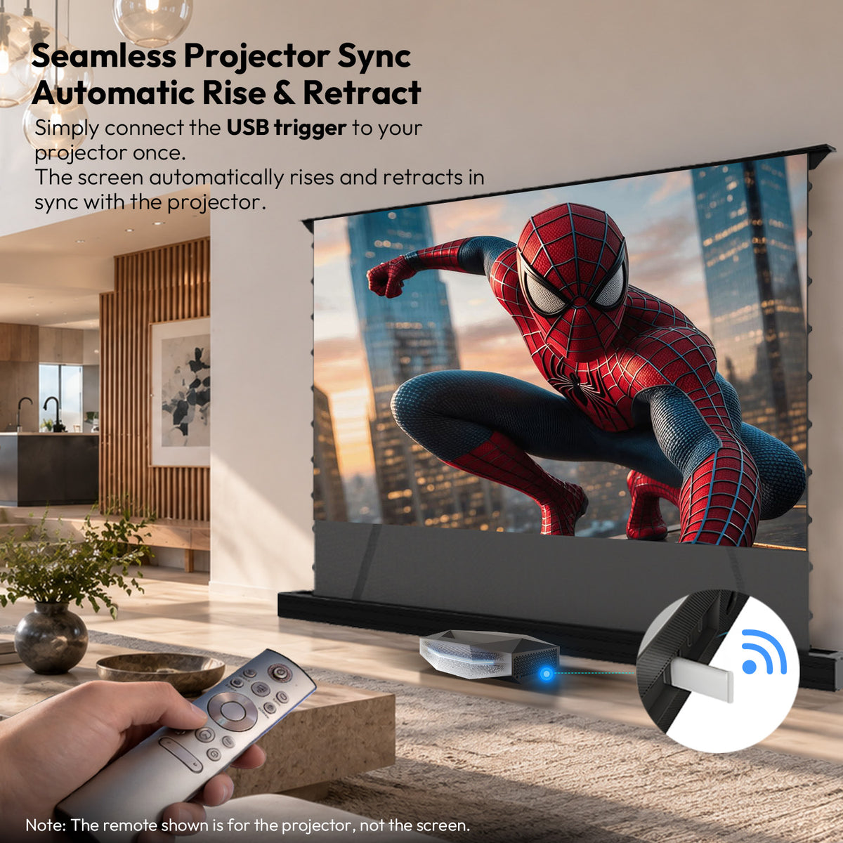 Smart projector sync motorized screen, using a USB trigger for automatic rise when projector turns on and hassle-free retraction.