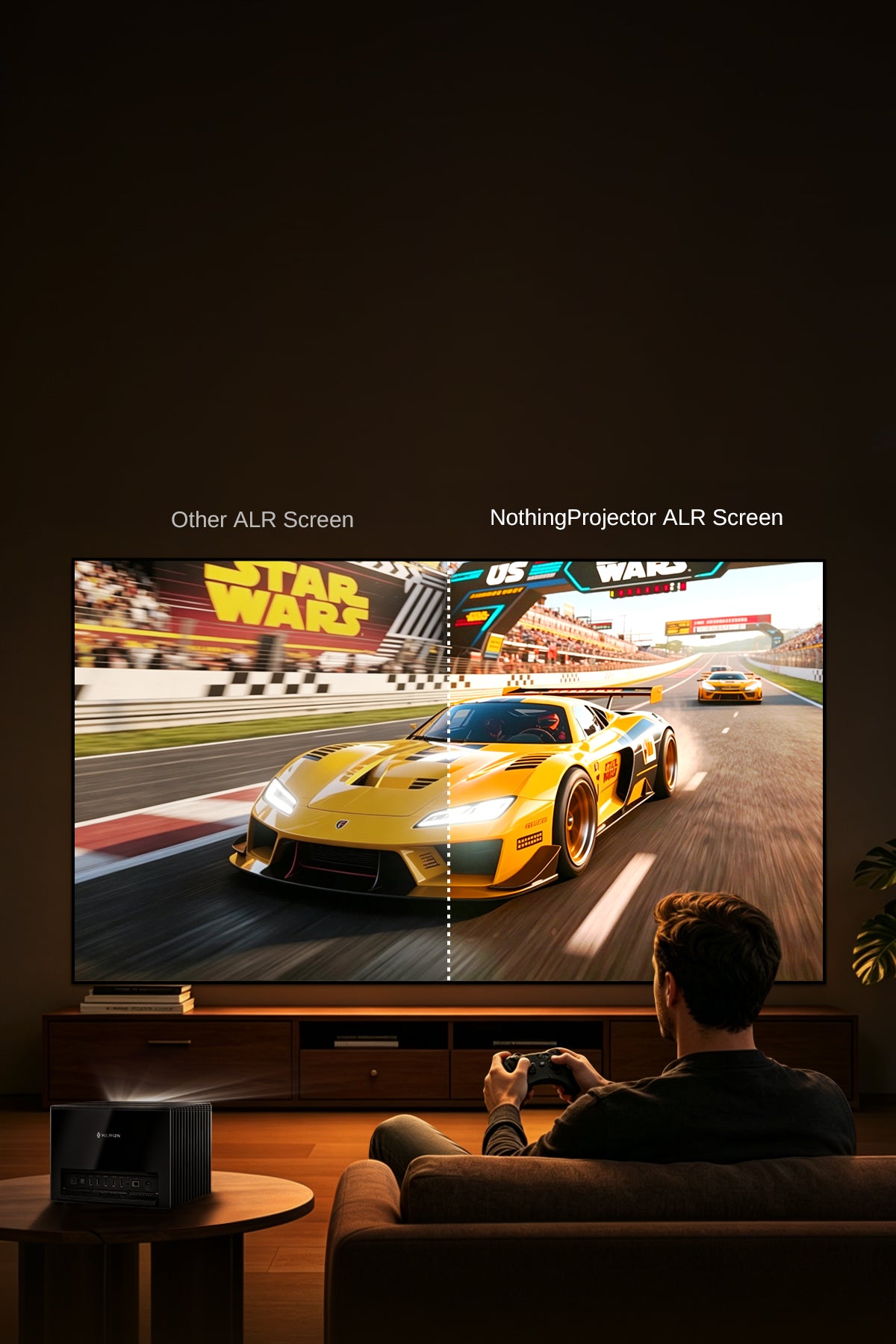 A vibrant NP 100"-130" ALR Long Throw Screen showcasing true-to-life colors that surpass Rec. 709 standards, delivering expanded color range for immersive UHD 4K home theater experiences.