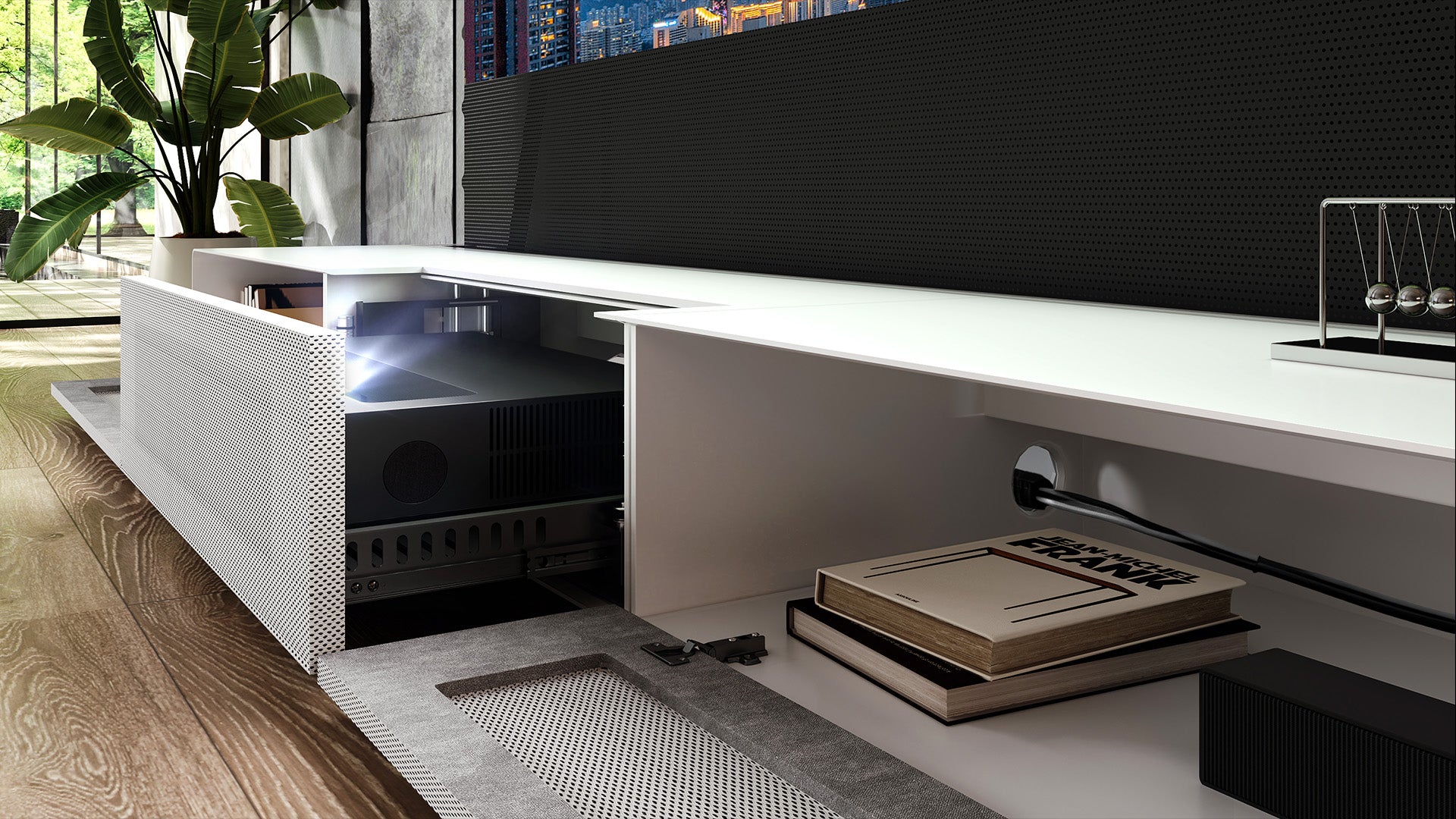 Motorized Laser TV Cabinet with Streamlined Media Storage & Concealed Cable System