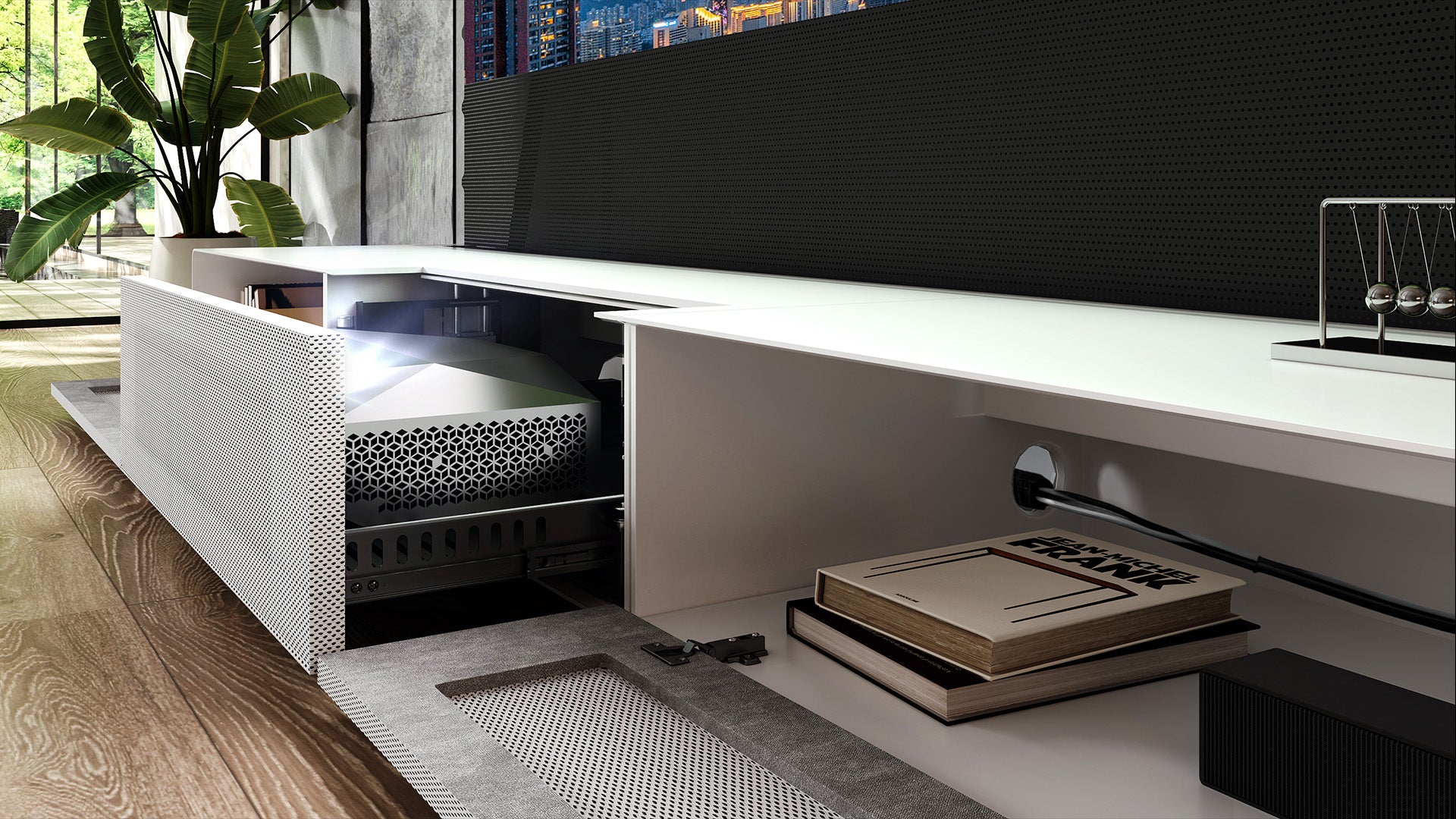 Motorized Laser TV Cabinet with Streamlined Media Storage & Concealed Cable System