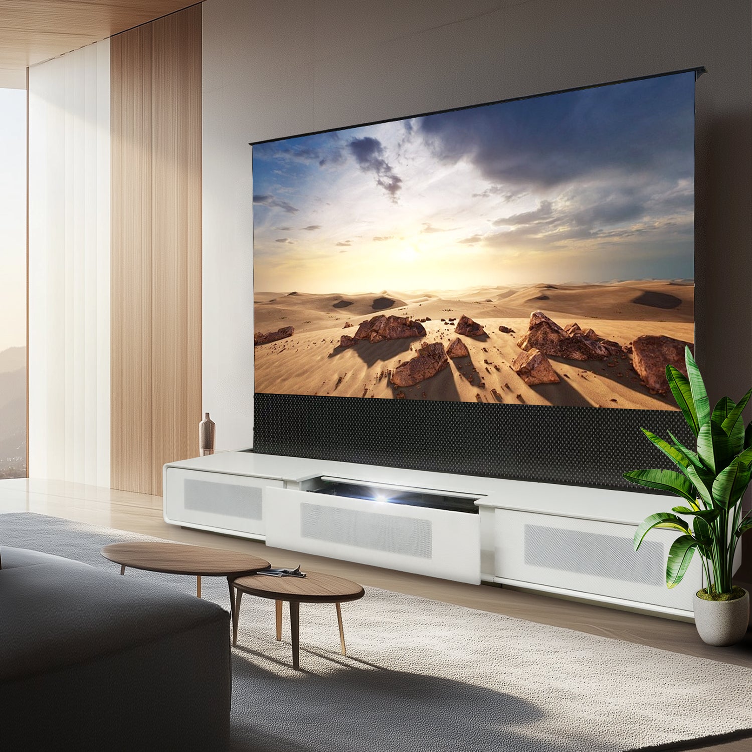 Home theater setup with matte white projector cabinet and acoustic panels