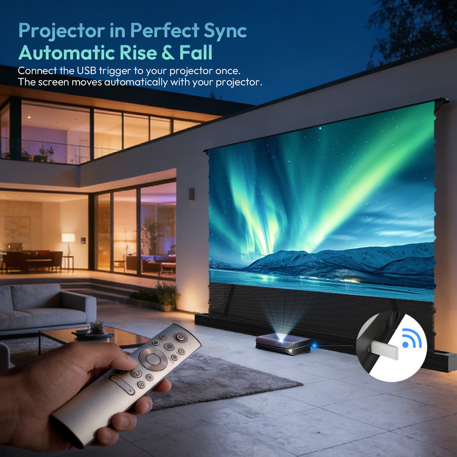 Projector in Perfect Sync: NothingProjector Motorized Floor Rising Screen automatically rises and falls with your projector, providing a seamless viewing experience.