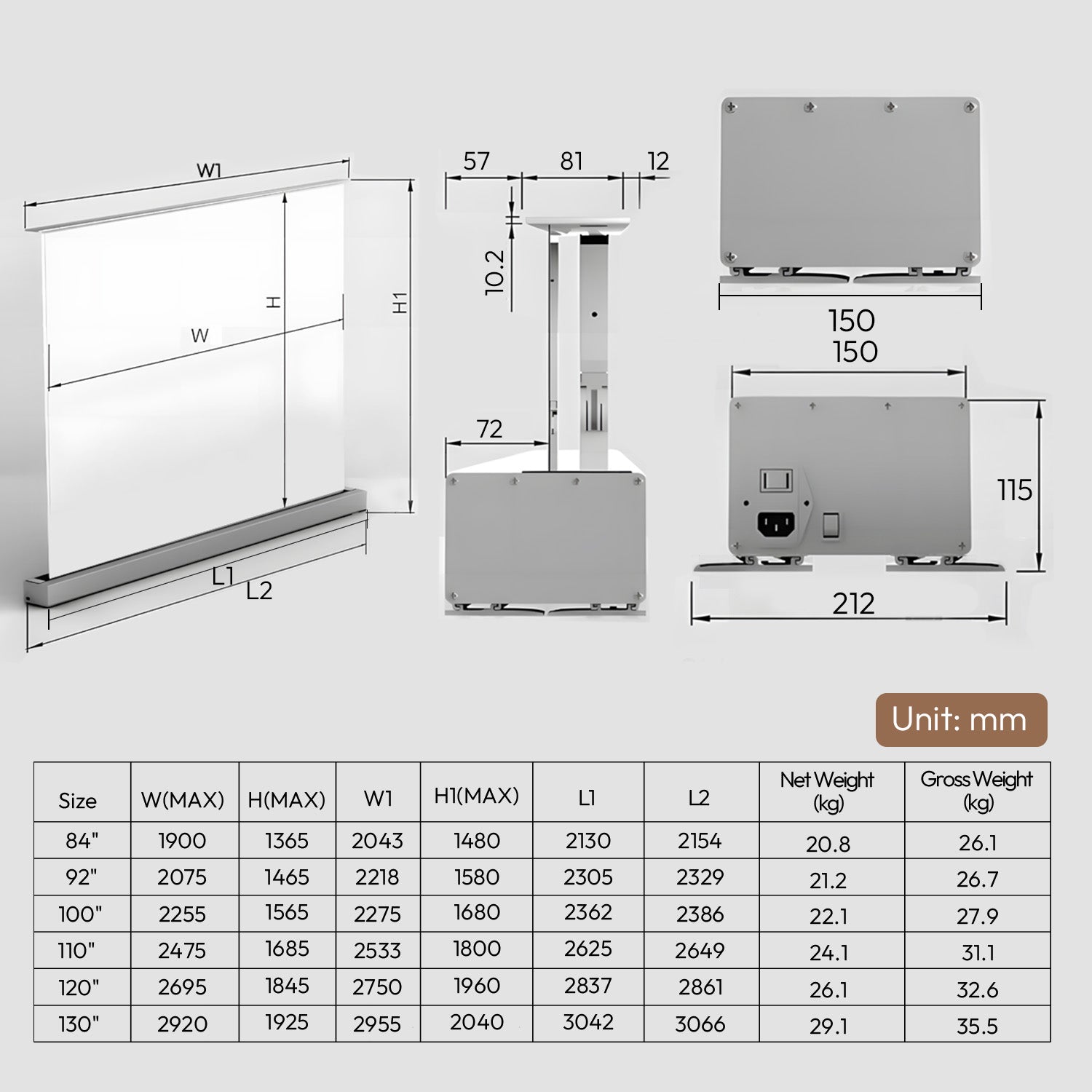 100''-120'' NothingProjector Blanco mate motorizado Pantalla de suelo motorizada