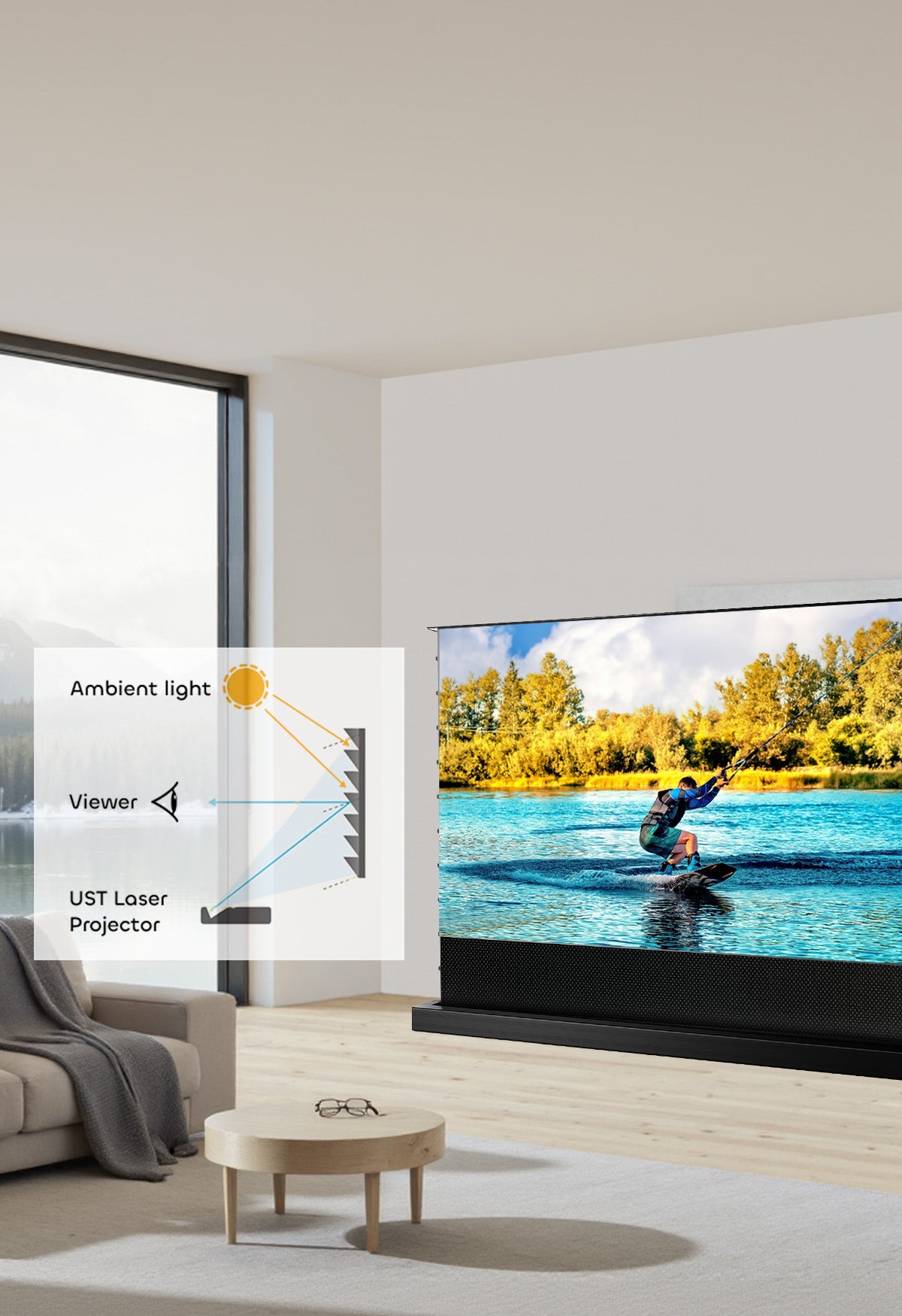 NP Black Series ALR UST projector screen with 95% ambient light rejection using optical serration technology for vivid daylight viewing