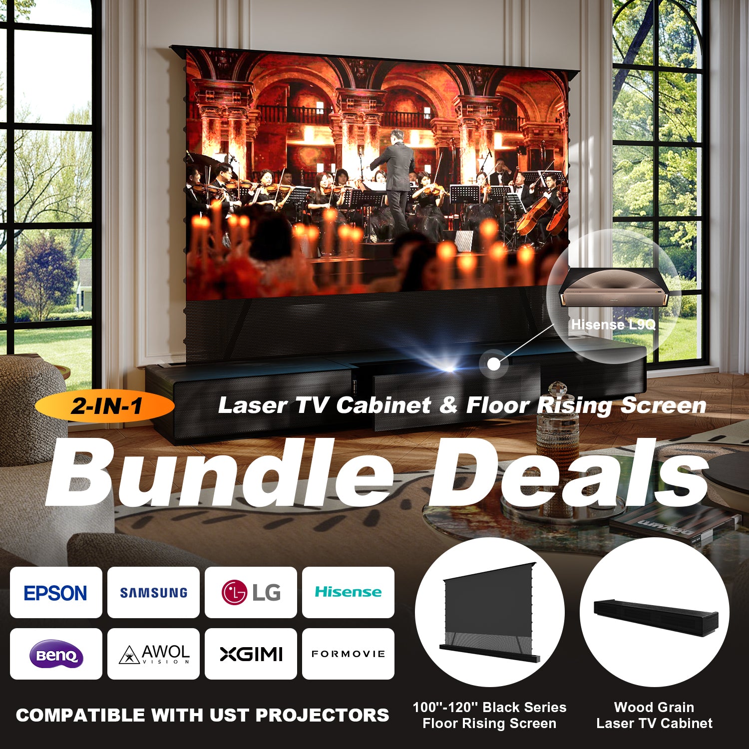 Shore Wood Grain UST Projector Cabinet + Black Series Motorized Floor Rising Screen Bundle (Cabinet Pre-Assembled)