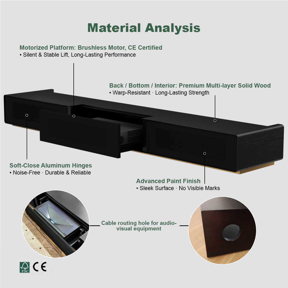Shore Ultra Short Throw Projector Cabinet Material Features Brushless Motor Solid Wood Construction Cable Routing Hole