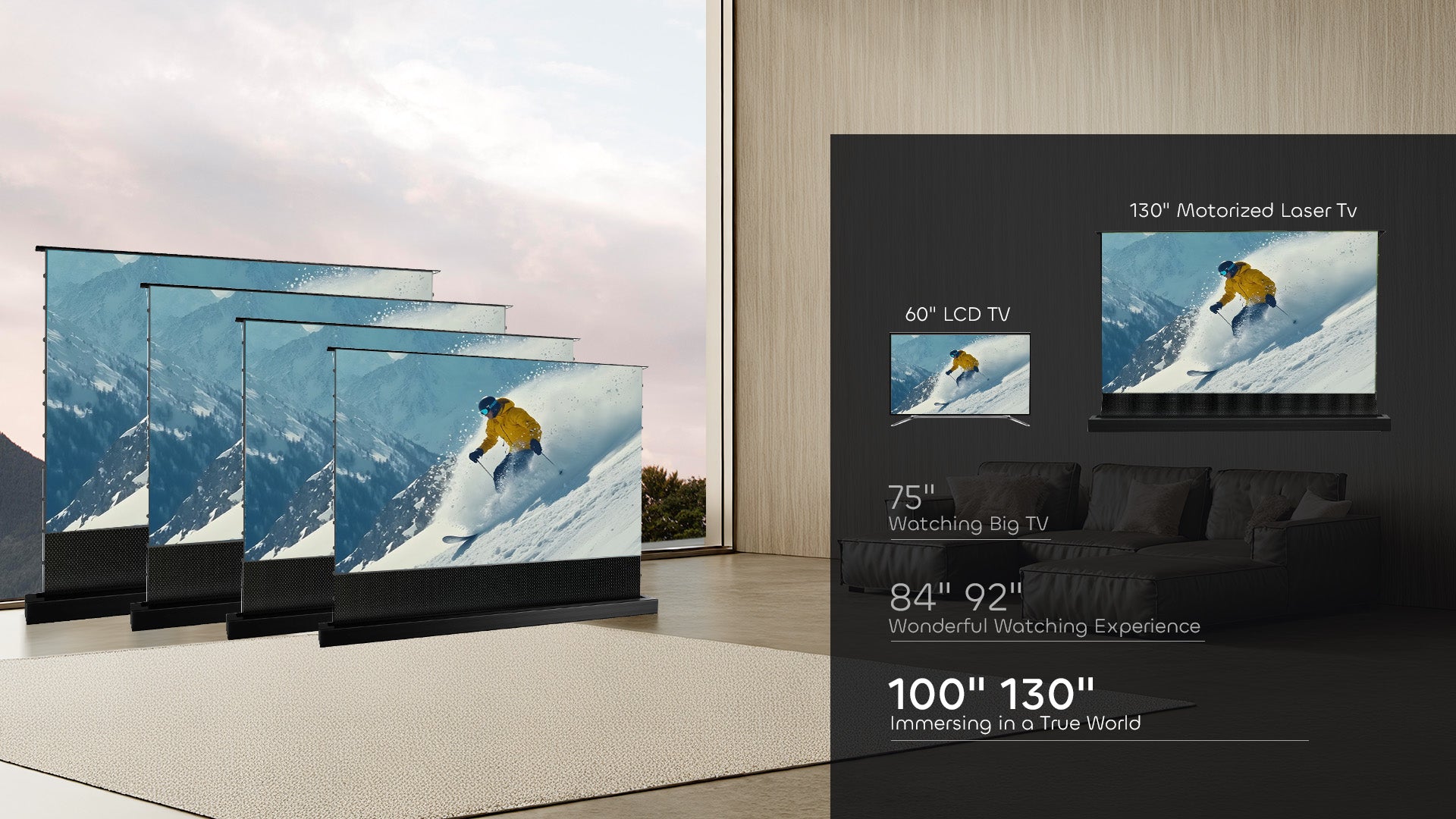 NP Black Series Floor Rising Screens (84-130”) deliver crystal-clear visuals for home theaters and professional spaces