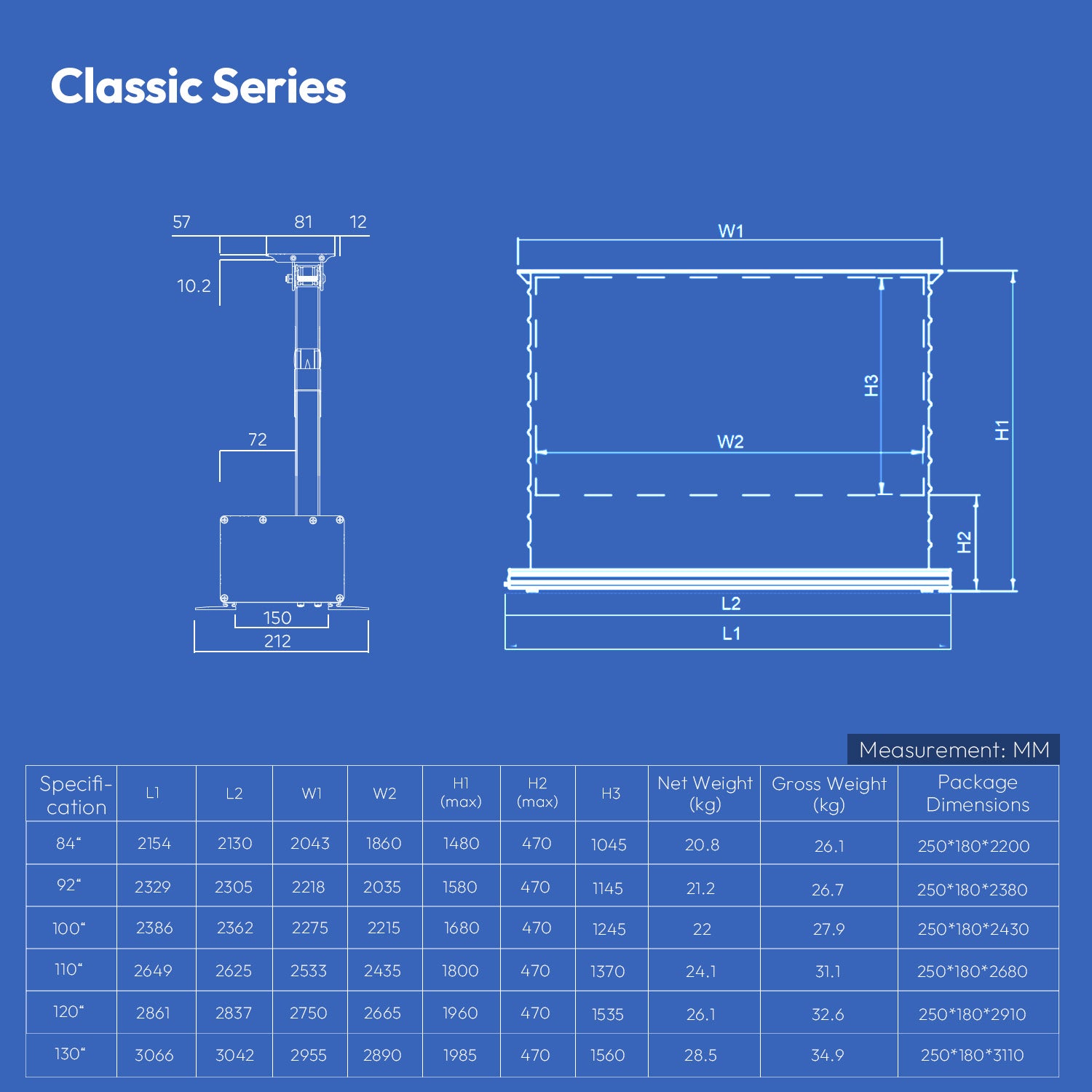 NothingProjector PET Crystal Classic ALR Motorized Floor Rising Screen Detailed Dimensions and Specifications Chart