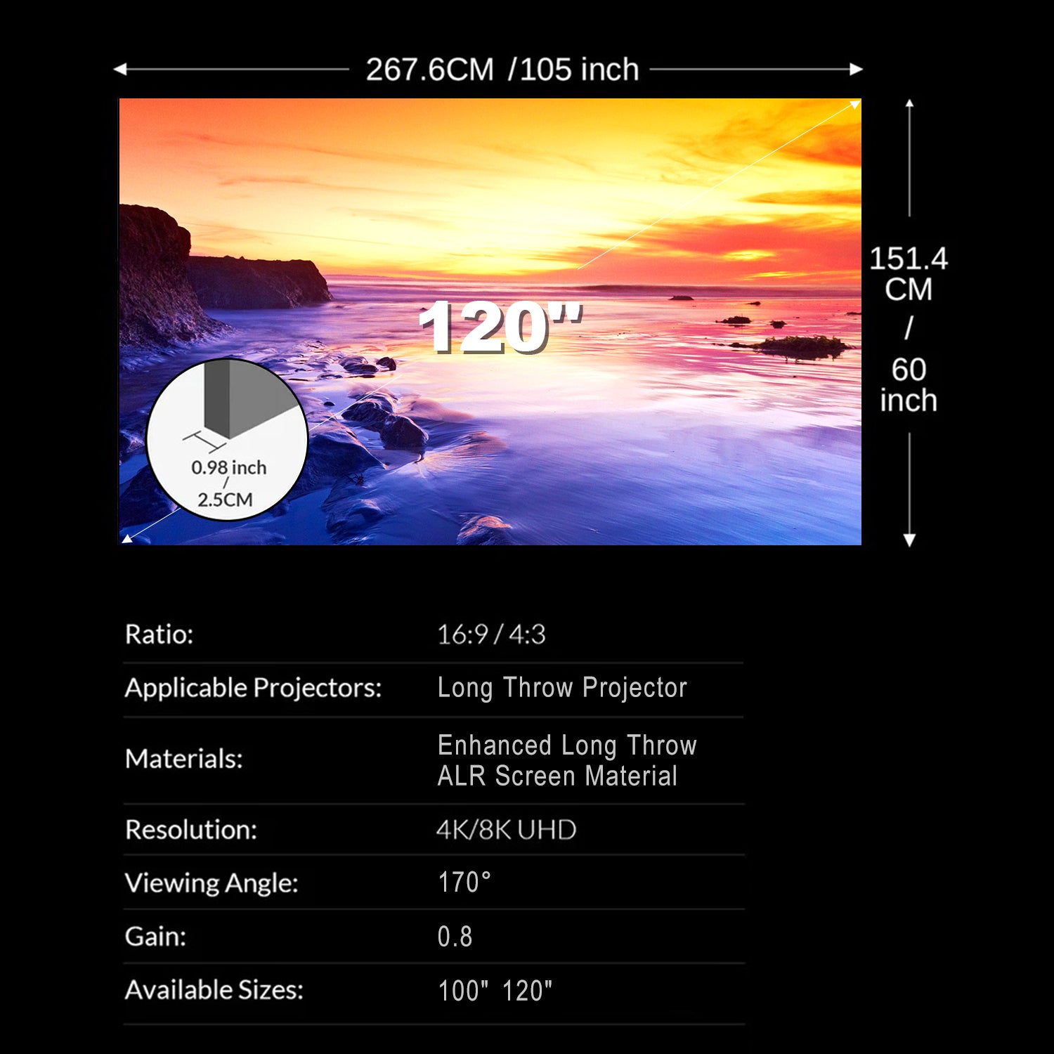 100"-130" Nothing Projector 4K lenticulaire ALR Vidéoprojecteur Écran pour un long lancer Vidéoprojecteurs