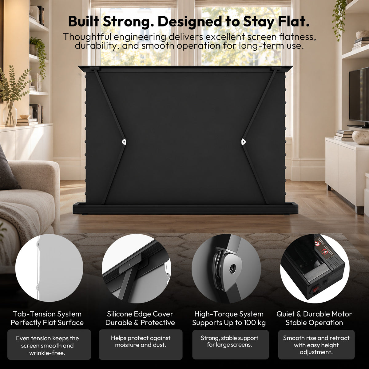Rear details of tab-tension floor rising screen, featuring high-torque system and quiet motor to guarantee a perfectly flat, wrinkle-free surface.
